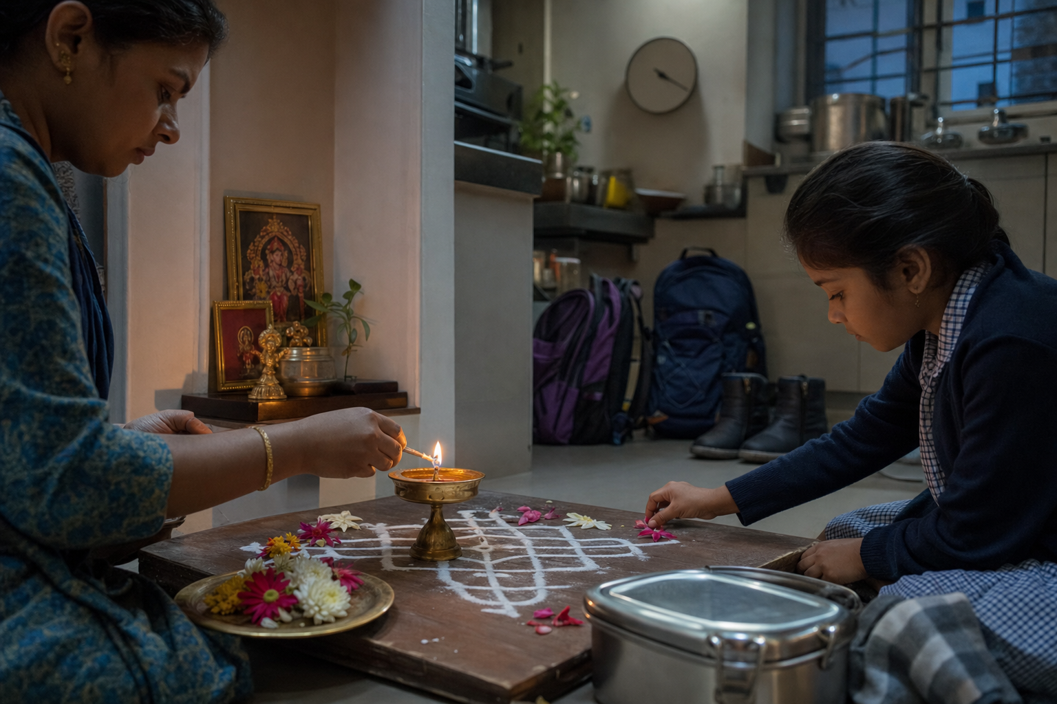 A parent and child light an oil lamp and arrange flower petals around a small kolam before a school morning in a compact apartment.