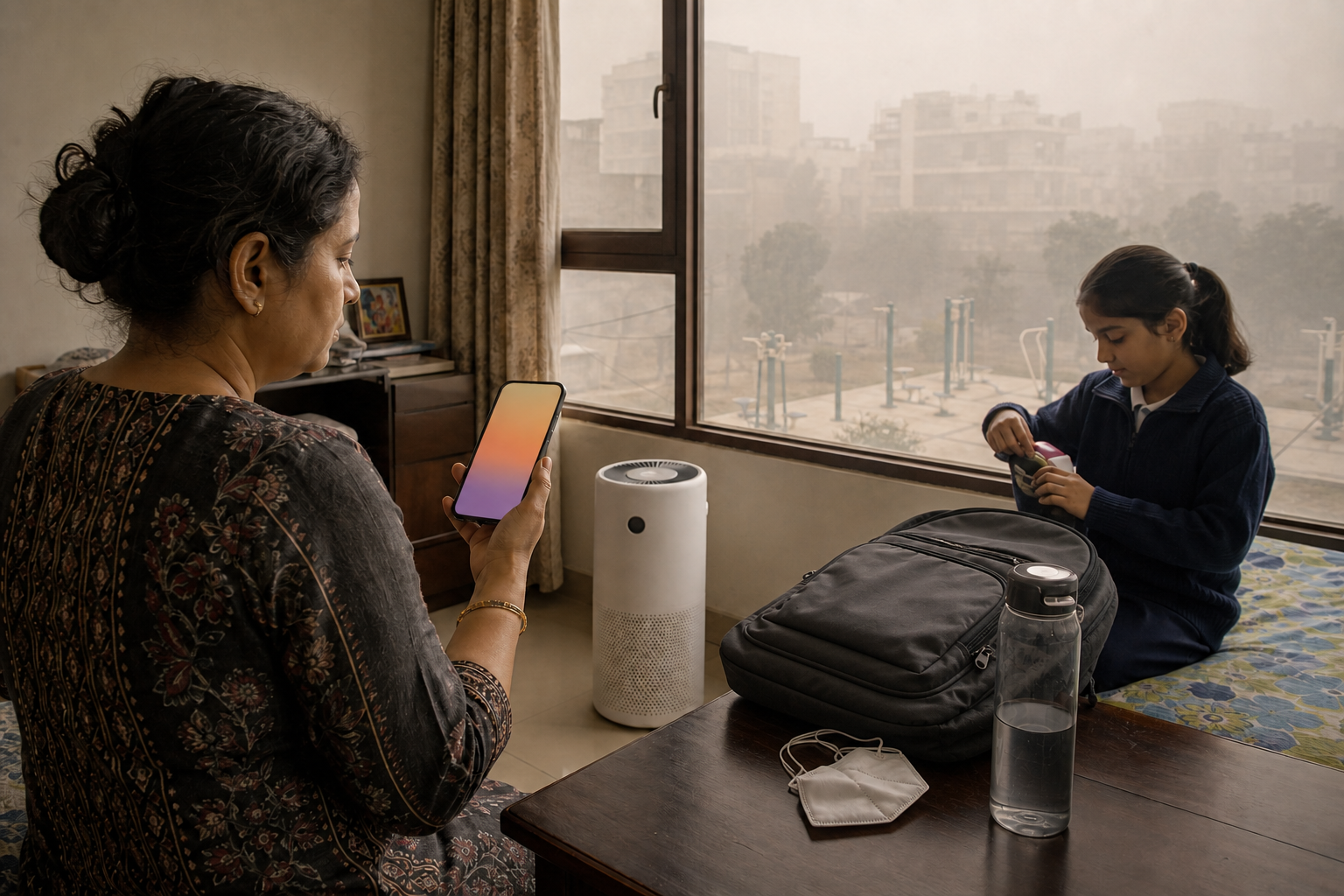 A caregiver checks an unbranded phone while a child prepares indoors beside a closed window, air cleaner, mask, and school bag on a smoggy morning.