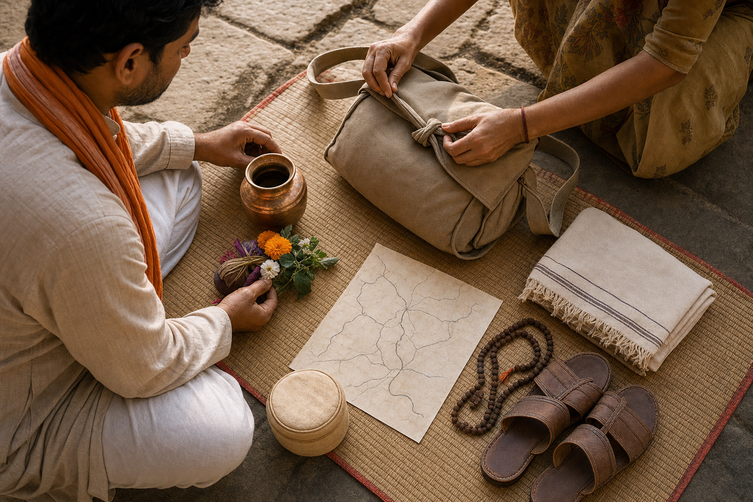 A pilgrim prepares a cloth bag, copper water vessel, flowers, shawl, sandals, prayer beads, and an unmarked route map on a woven mat.