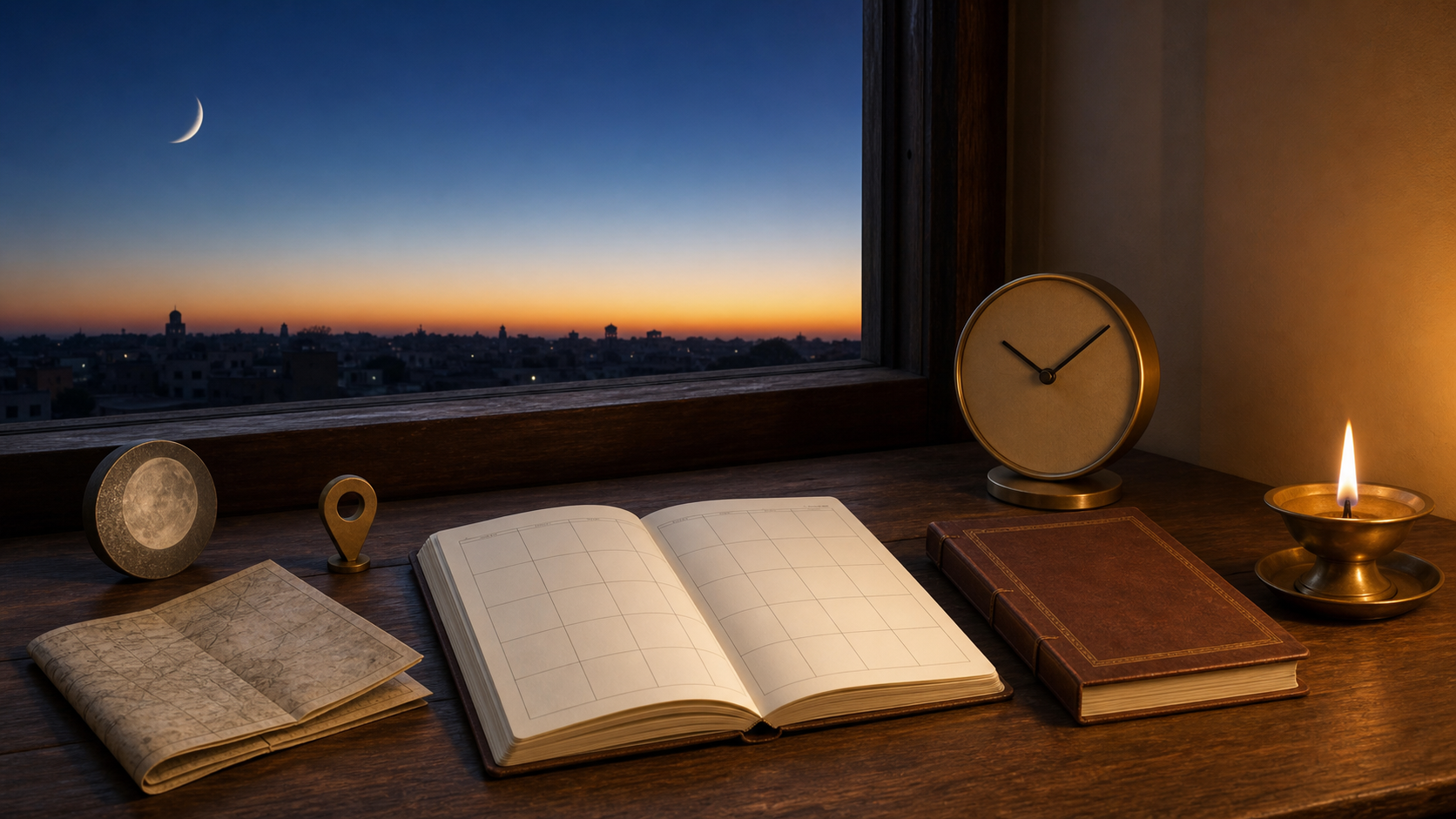 An open blank planner, brass oil lamp, moon token, clock, and unlabeled map rest on a desk beside a predawn window with a crescent moon.