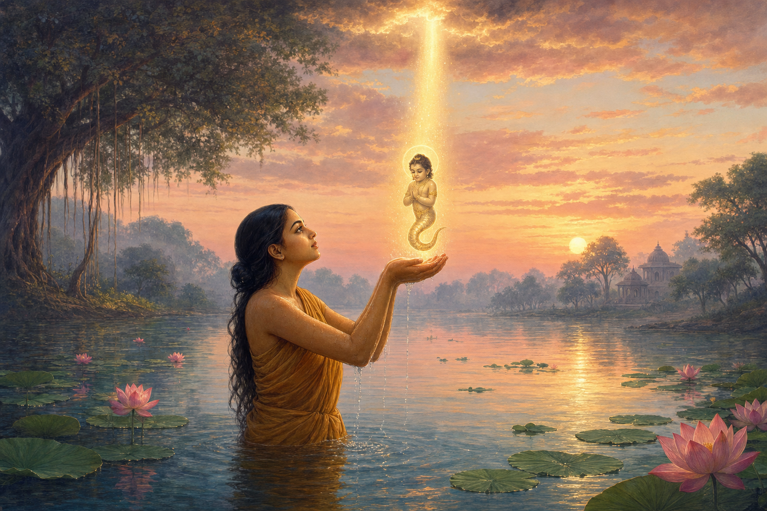 Gonika stands in a river at dawn with cupped praying hands as a radiant serpent-child descends through golden light toward her palms.