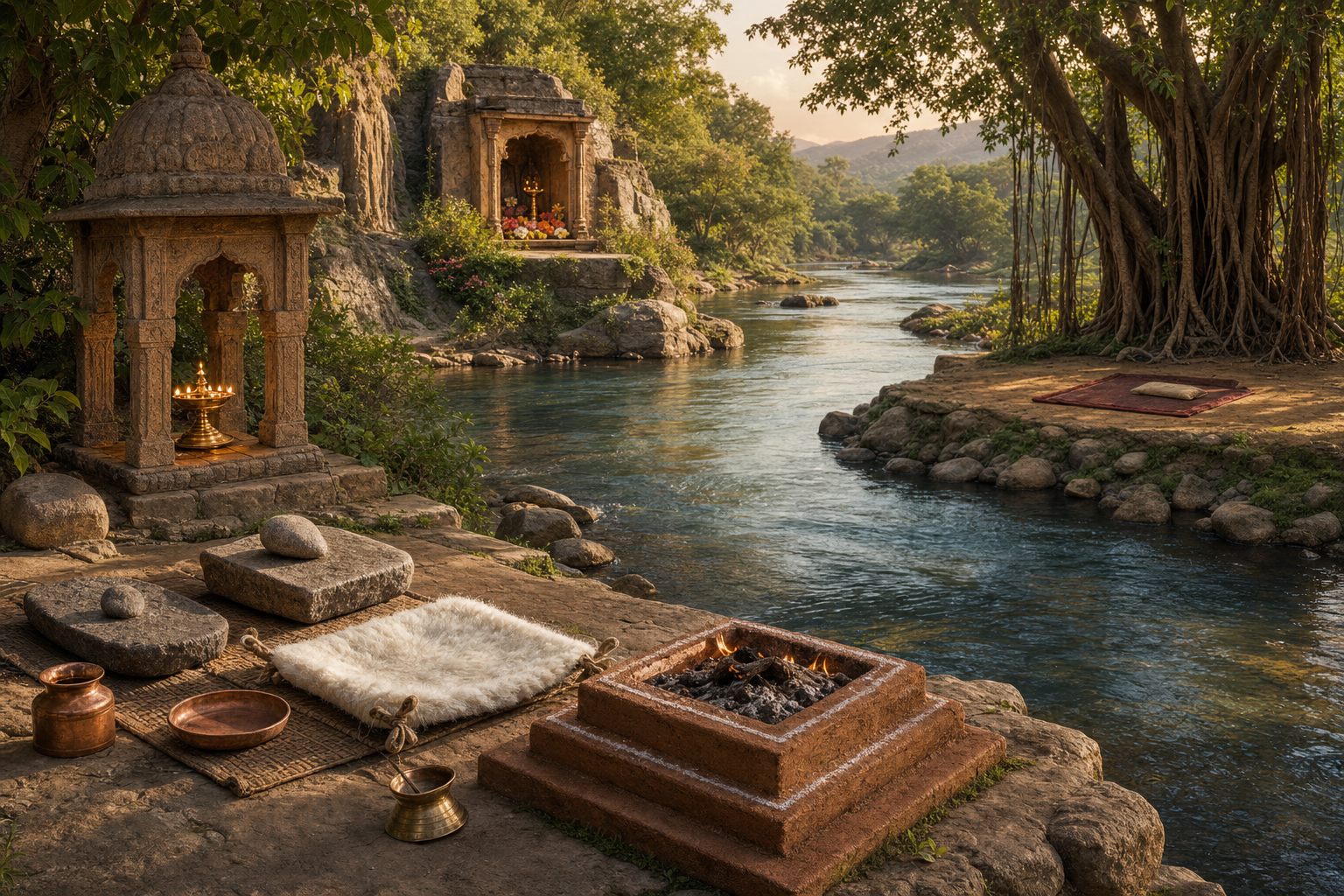 A river passes distinct sacred settings that include a Vedic fire altar, a temple lamp, a meditation mat beneath a banyan tree, and a flowered shrine.