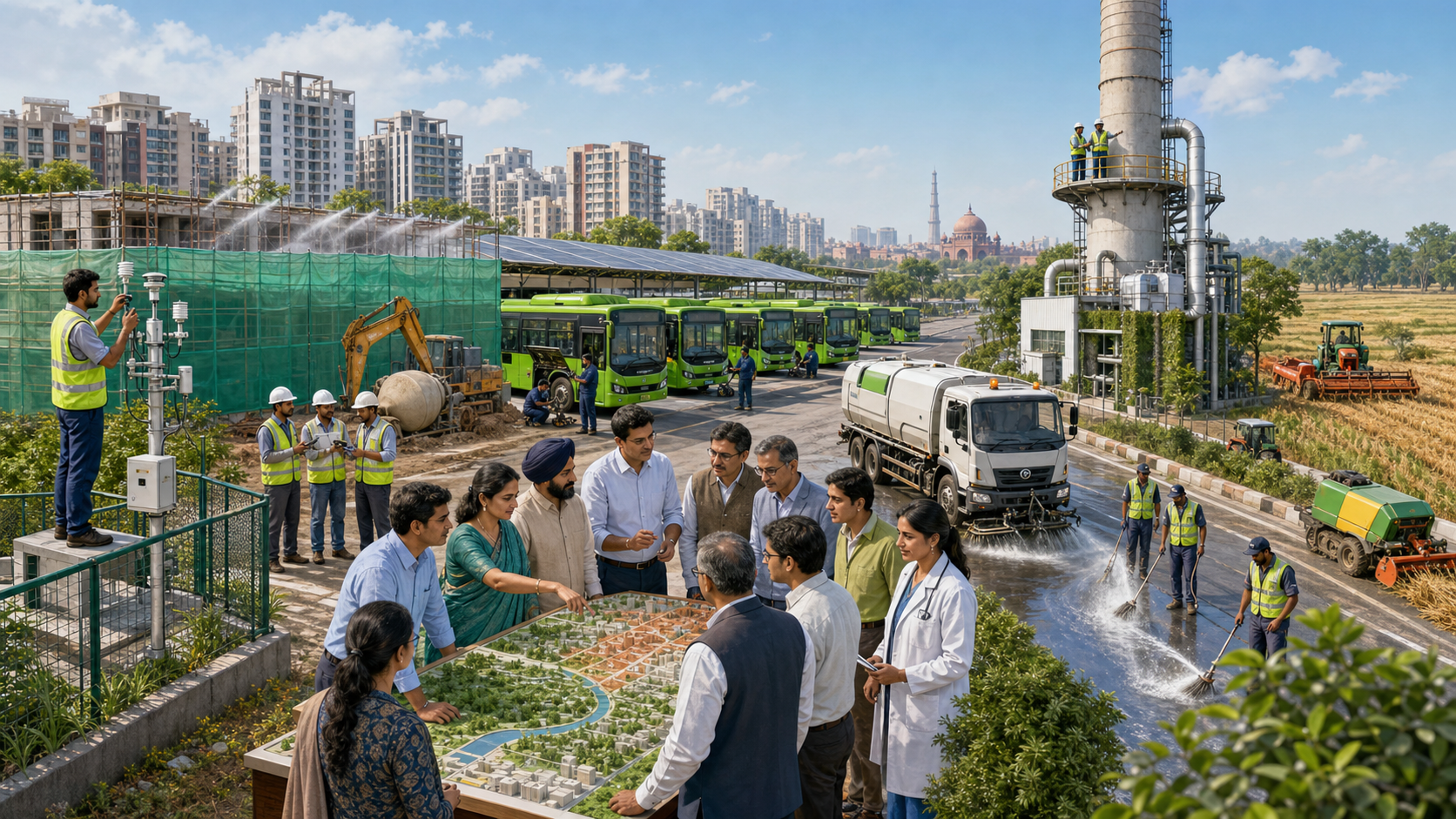 Technicians, inspectors, transit workers, engineers, farmers, health professionals, and officials coordinate clean-air measures across an urban region in clear daylight.
