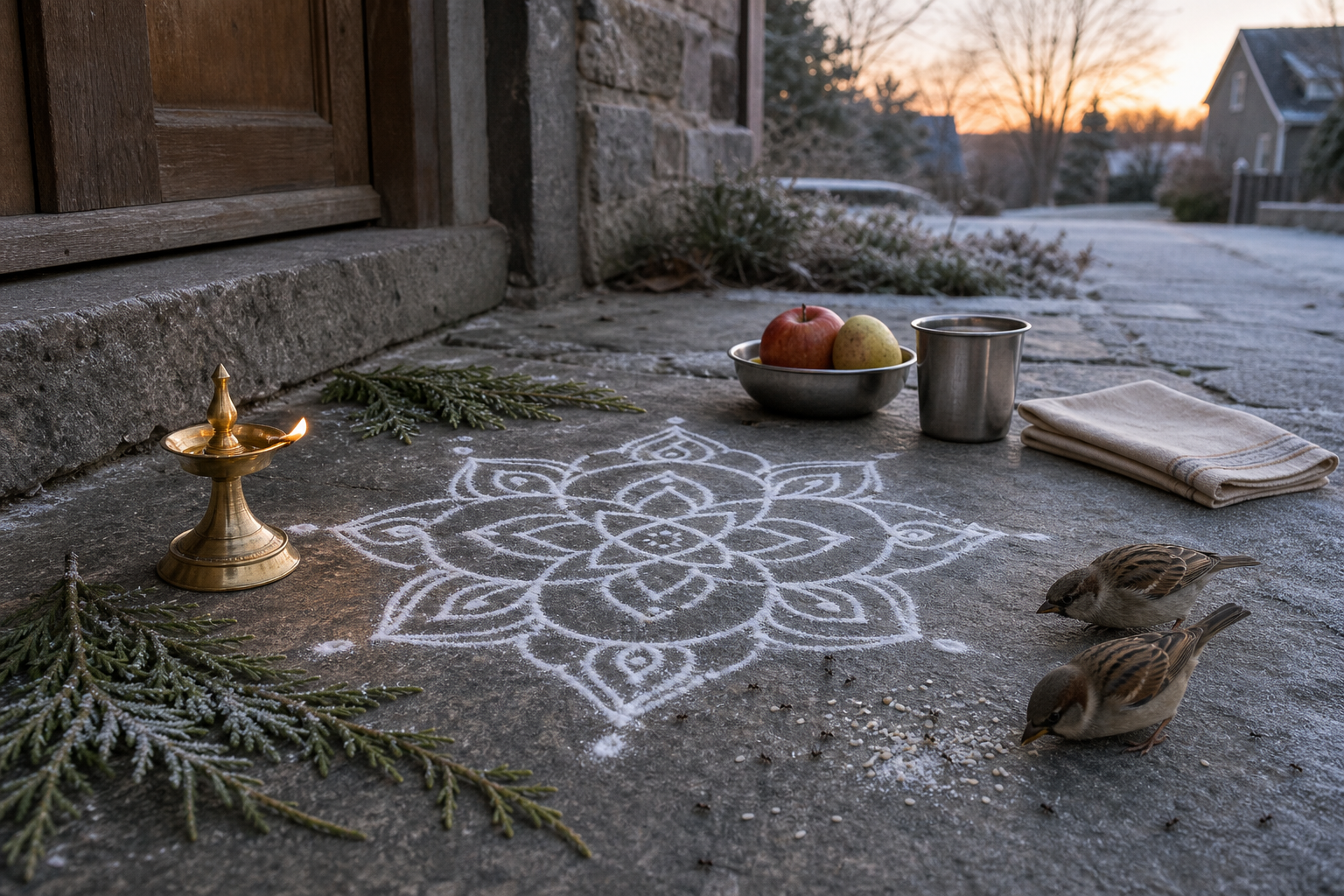 A rice-flour kolam, brass lamp, seasonal fruit, reusable cup, and gathered greenery sit on a frosty threshold as sparrows and ants approach the grains.