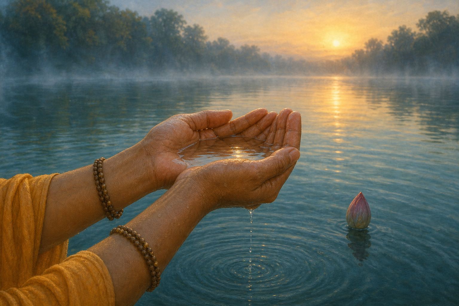 Cupped hands in anjali hold river water reflecting the sunrise, with a lotus bud and gentle ripples nearby.