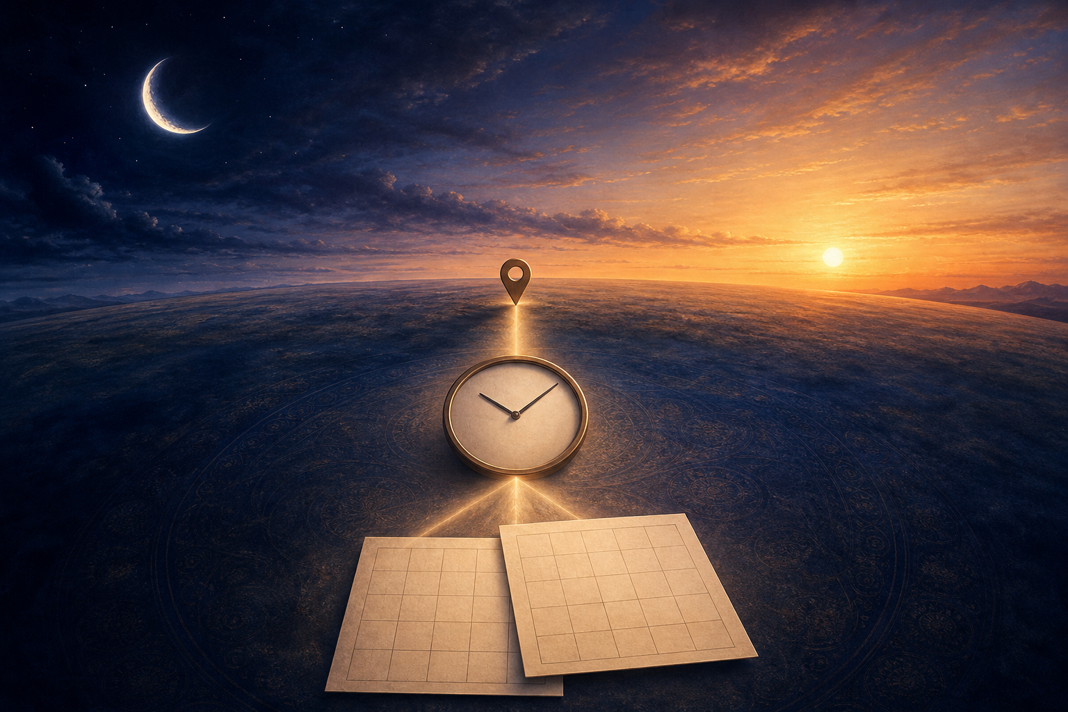 The sun, moon, horizon, location marker, clock, and blank calendar leaves form a visual sequence from astronomical conditions to a civil date.