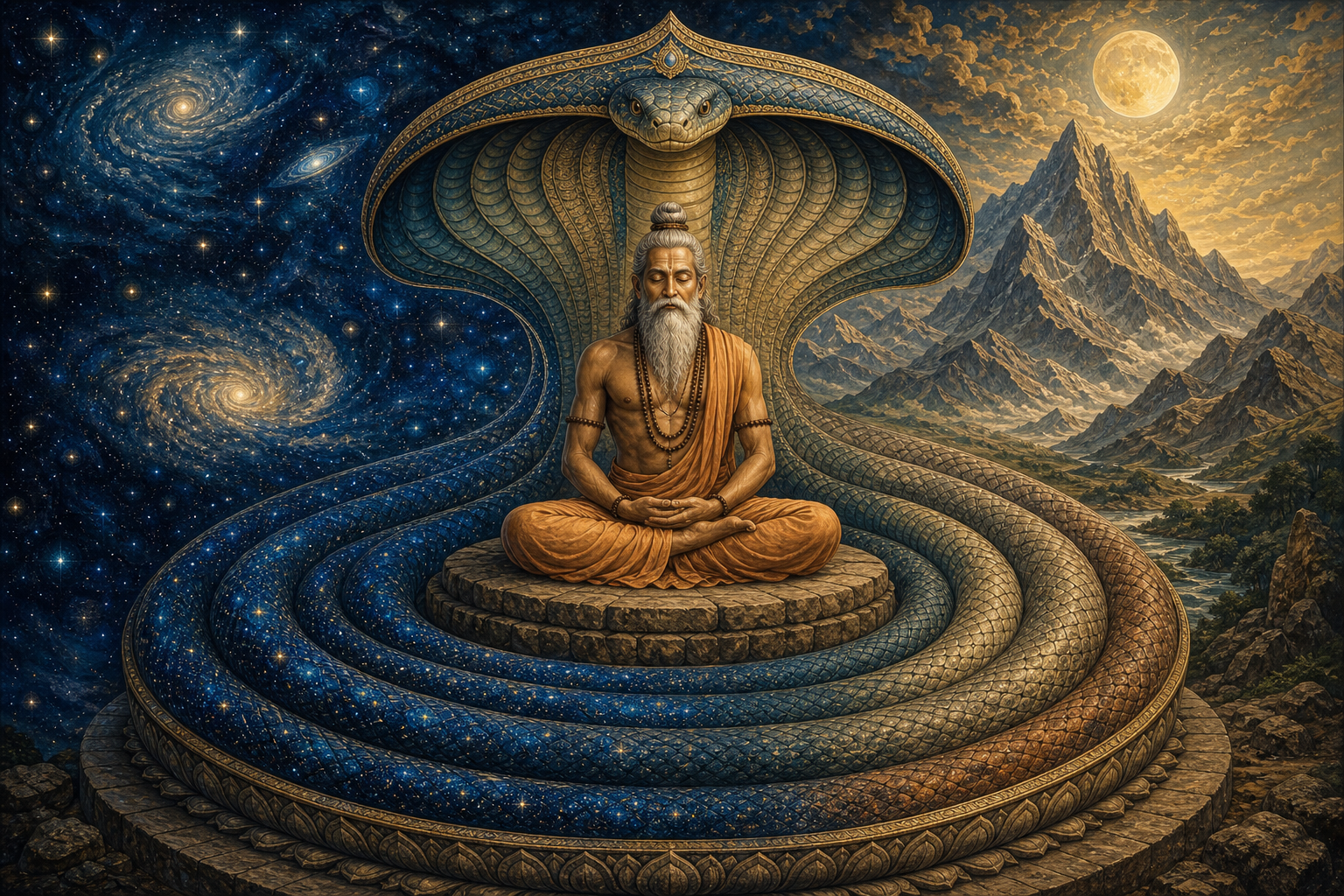 A meditating sage sits upright above the coils of a celestial serpent whose hood forms a protective canopy against a starry background.