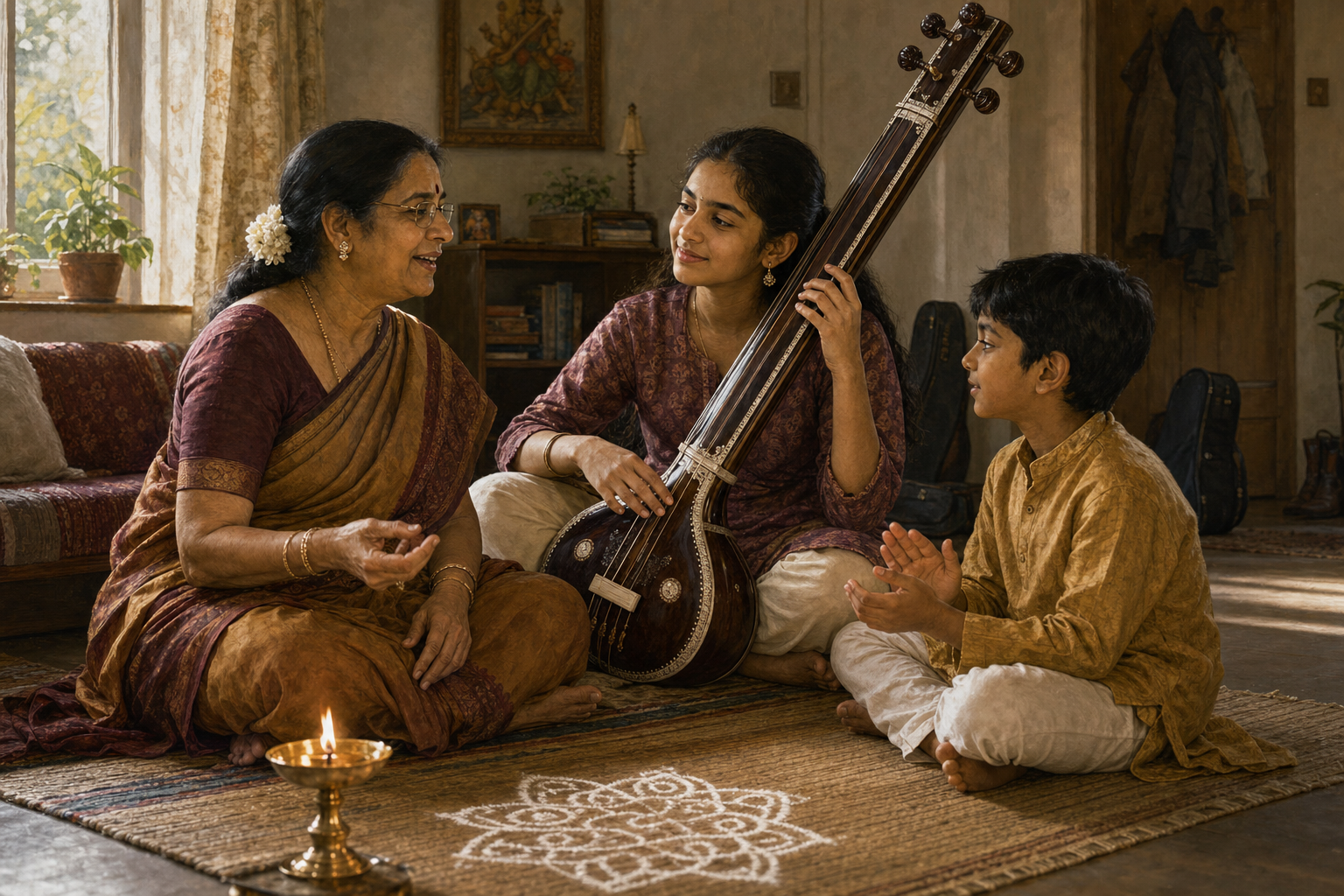 An older woman, a teenager, and a child share devotional Tamil music at home beside a small lamp and kolam.