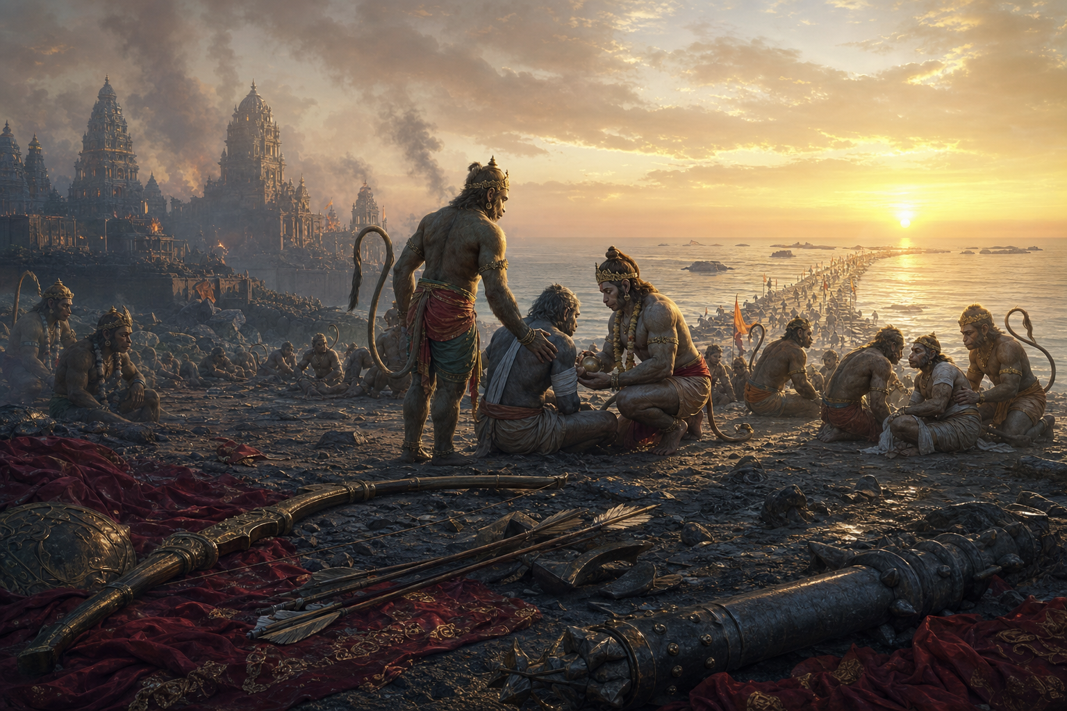 The bow and iron weapon of the fallen brothers lie in shadow as Hanuman and Sugriva aid companions at dawn outside Lanka.