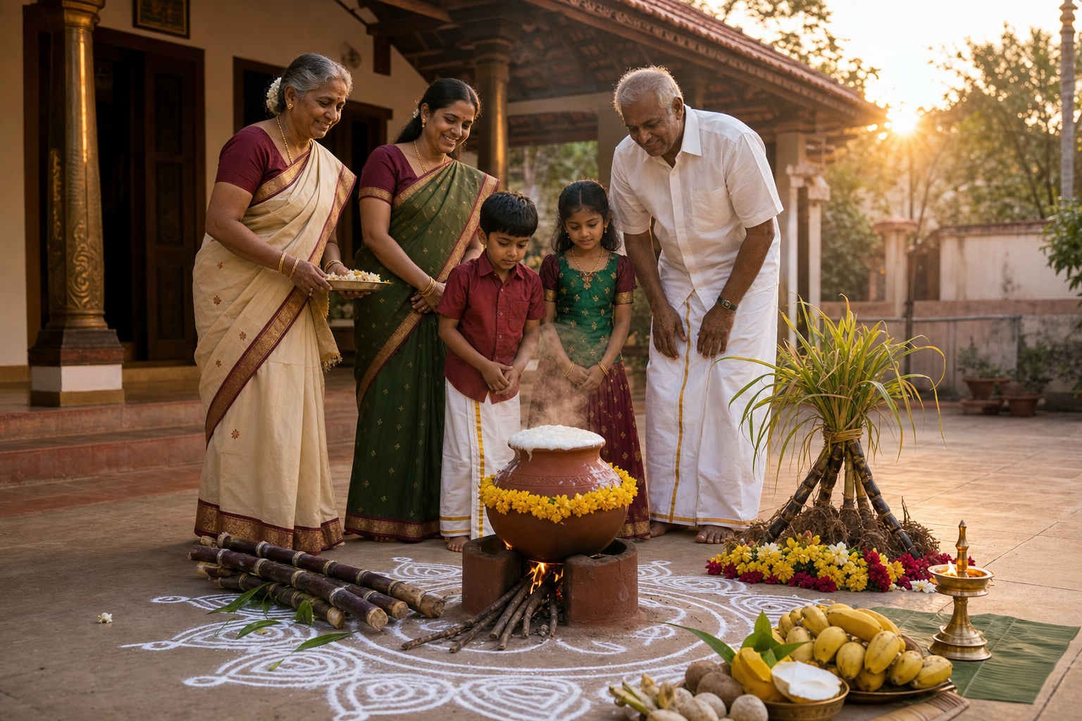 A Tamil family gathers in a decorated courtyard at sunrise as Pongal rice boils in a clay pot beside sugarcane, turmeric, flowers, and a rice-flour kolam.