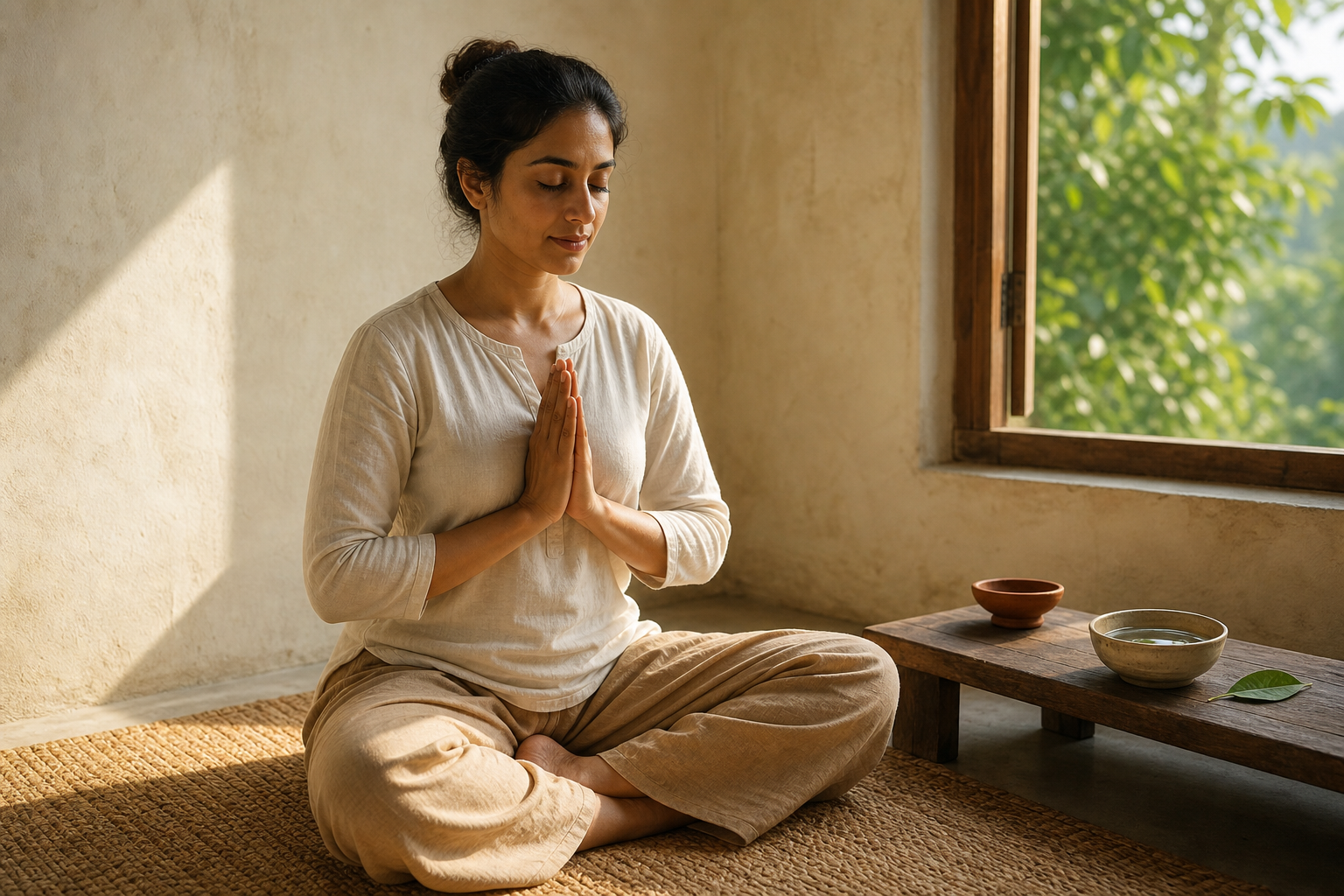 A person sits on a woven mat in a sunlit room with palms joined at the heart beside a clay lamp, a bowl of water, and a leaf.