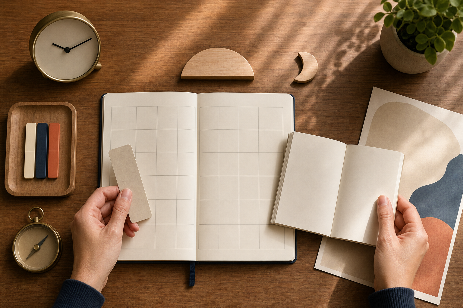 A pair of hands compares a blank monthly planner with a reference booklet beside a clock, an unlabeled map, and sun and moon tokens.