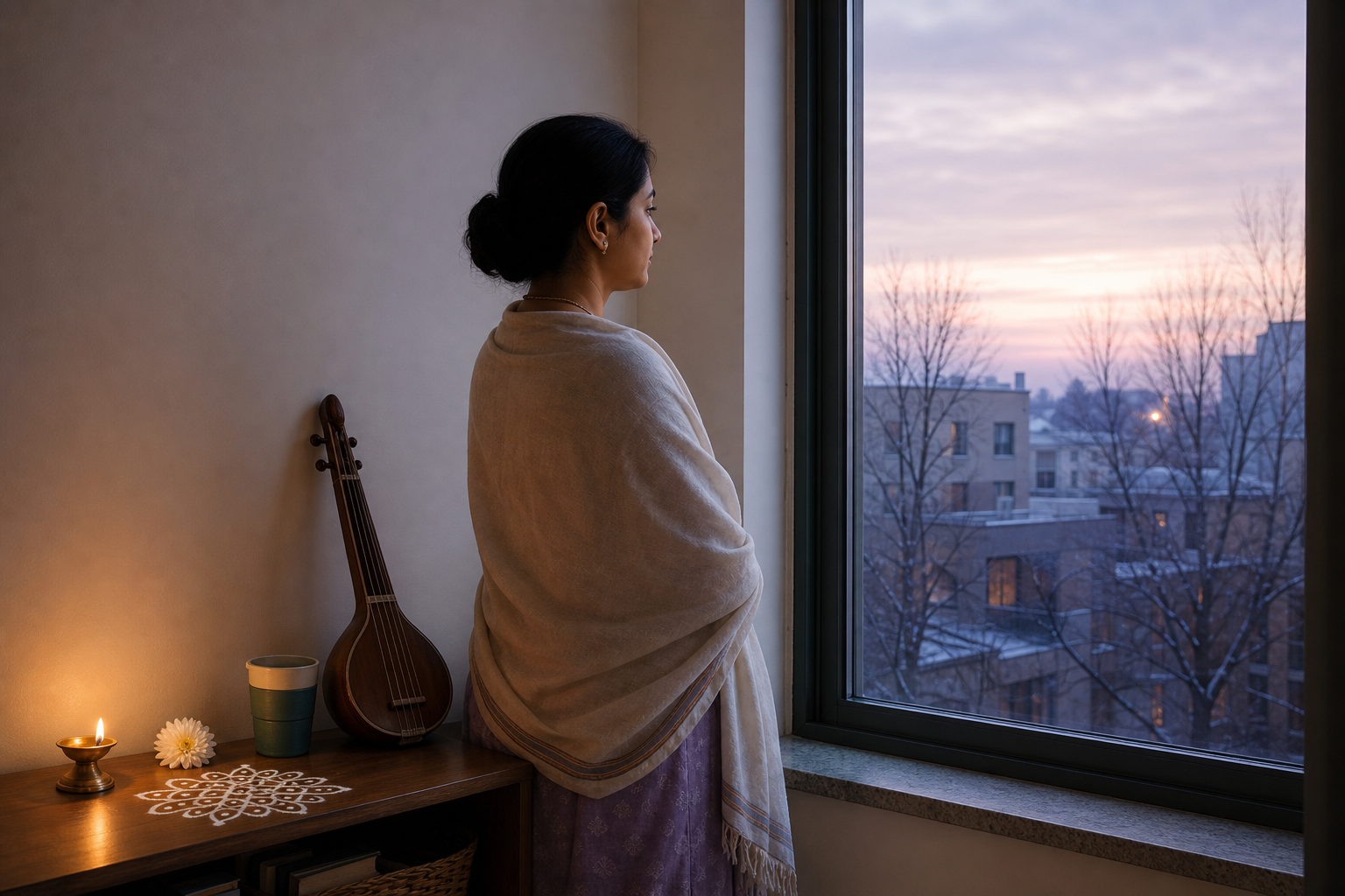 A Tamil adult watches the winter sunrise beside a small lamp, one flower, a kolam, a reusable cup, and a musical instrument in an apartment.