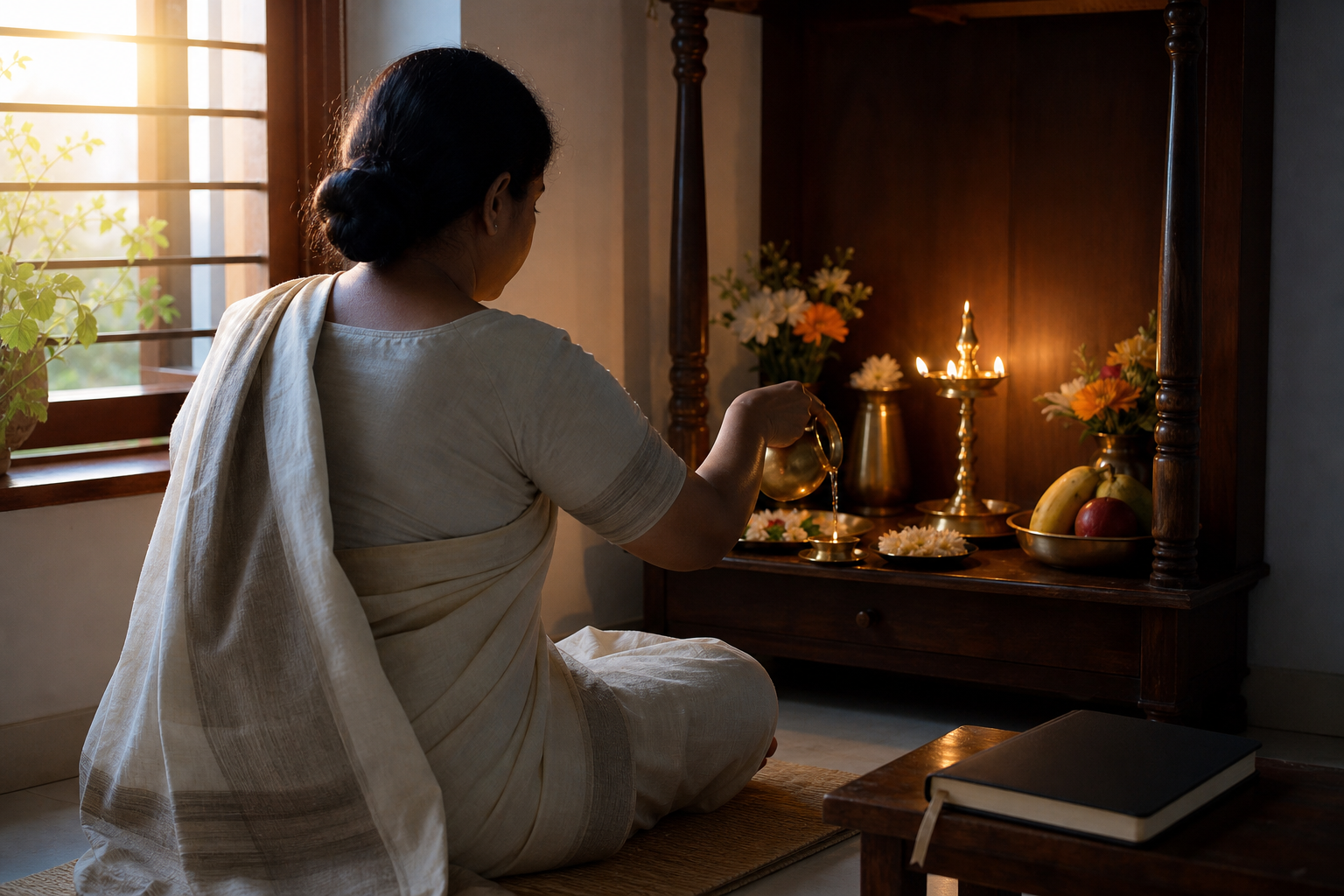 A devotee offers water at a simple home shrine at dawn while a closed planner rests on a nearby low table.