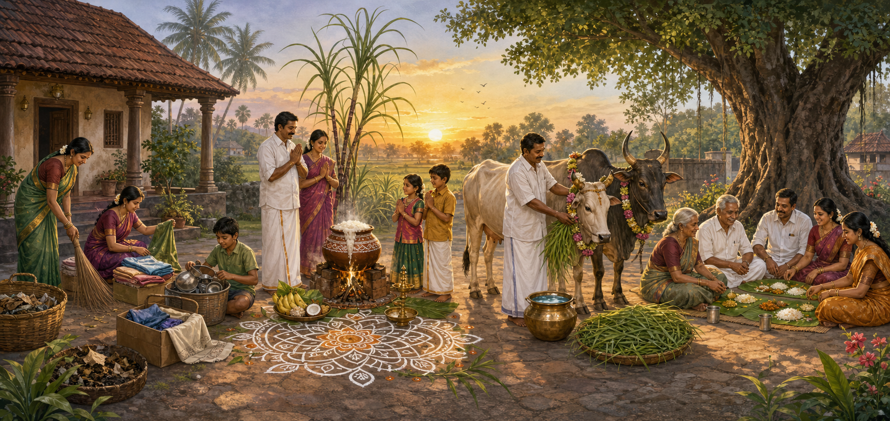 A continuous four-part scene shows a home being cleared, Pongal offered at sunrise, cattle honored with garlands and fodder, and relatives sharing food outdoors.