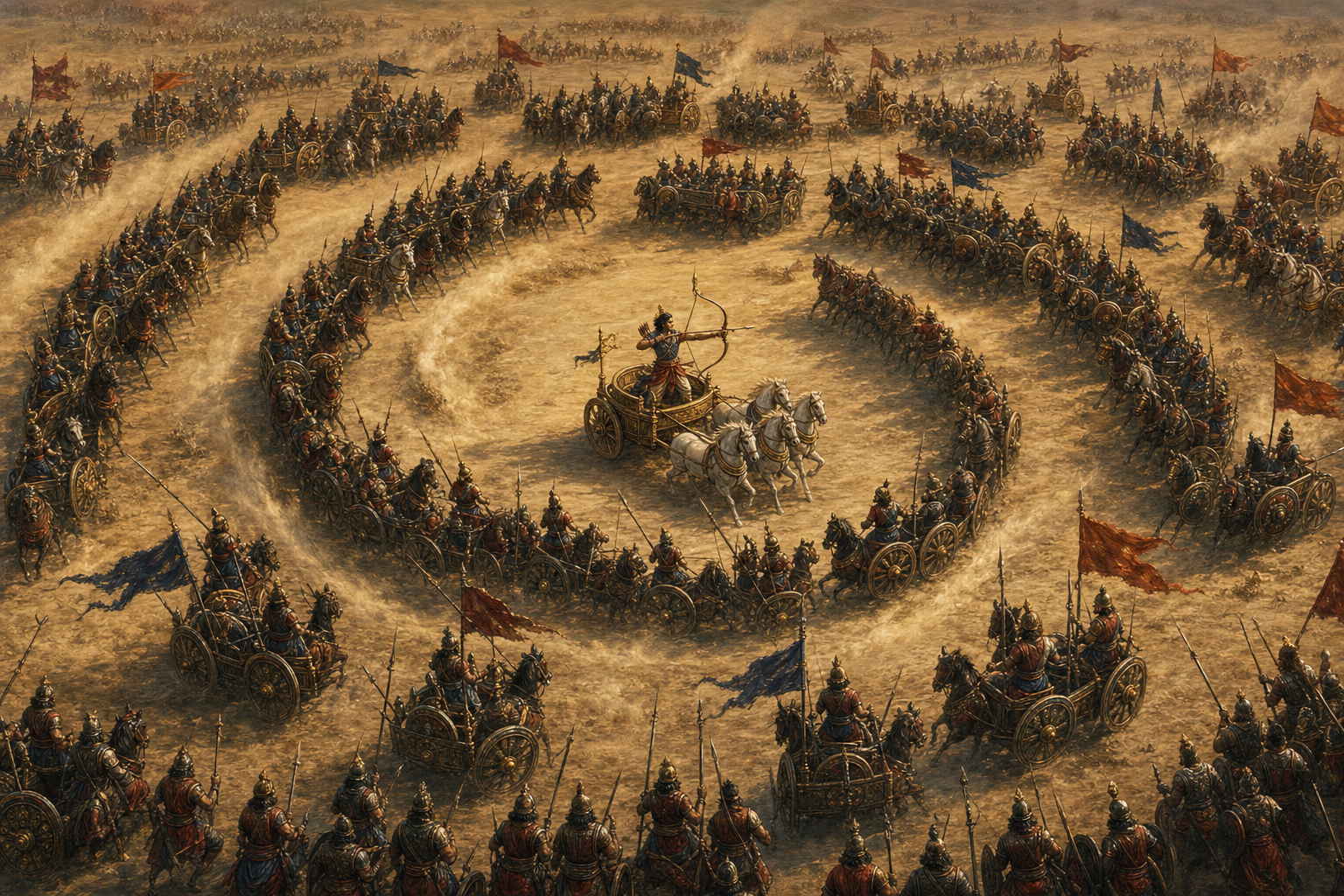 A young chariot archer advances inside moving concentric ranks of warriors while his separated allies remain beyond the closing outer formation.