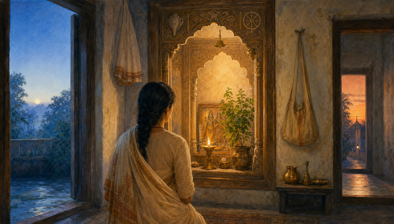 A devotee pauses at a home shrine doorway between cool predawn light and the warm glow of an oil lamp, with a tulasi plant nearby.