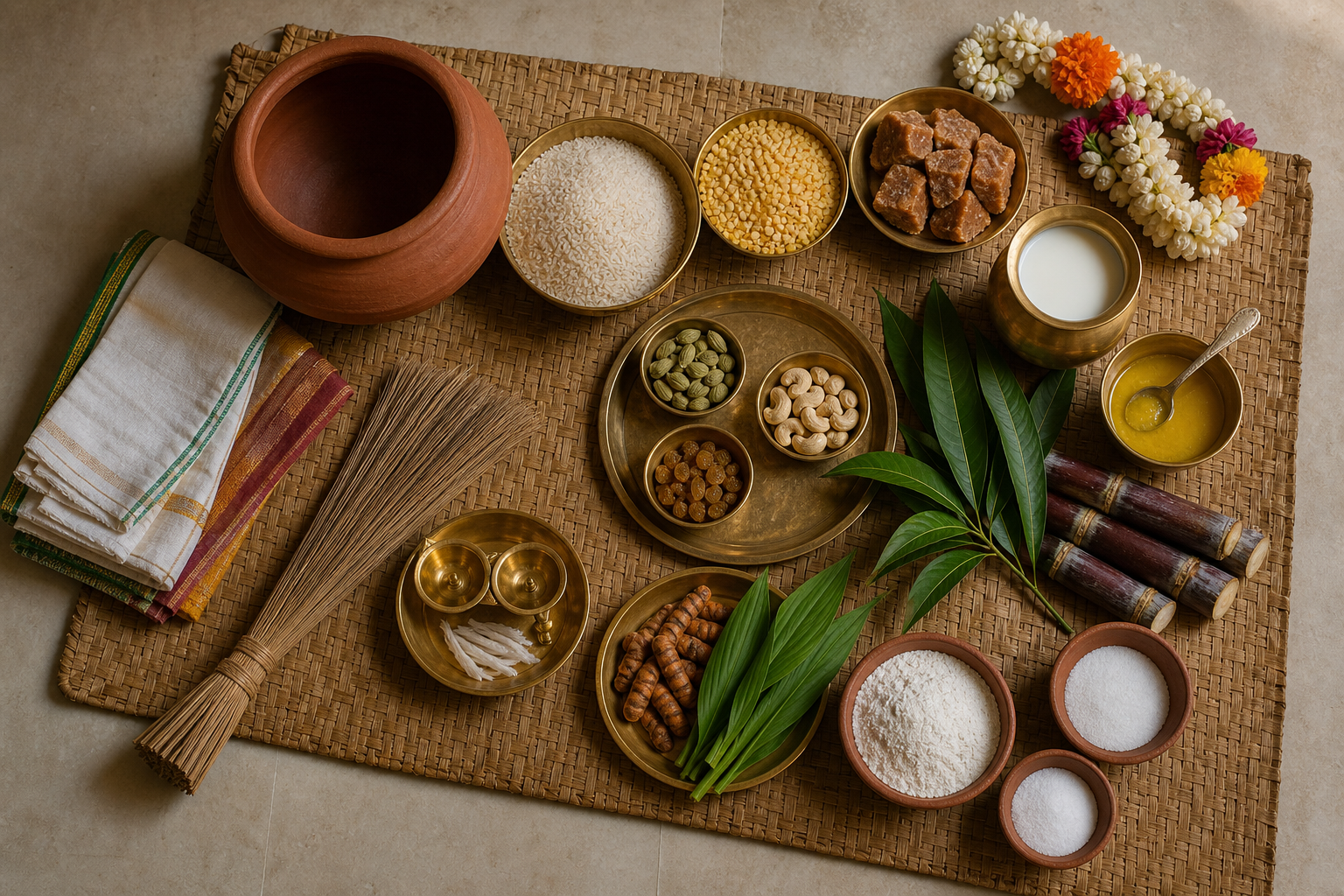Pongal cooking ingredients, a new clay pot, lamps, flowers, kolam materials, and cleaning supplies are arranged on a woven mat for home preparation.