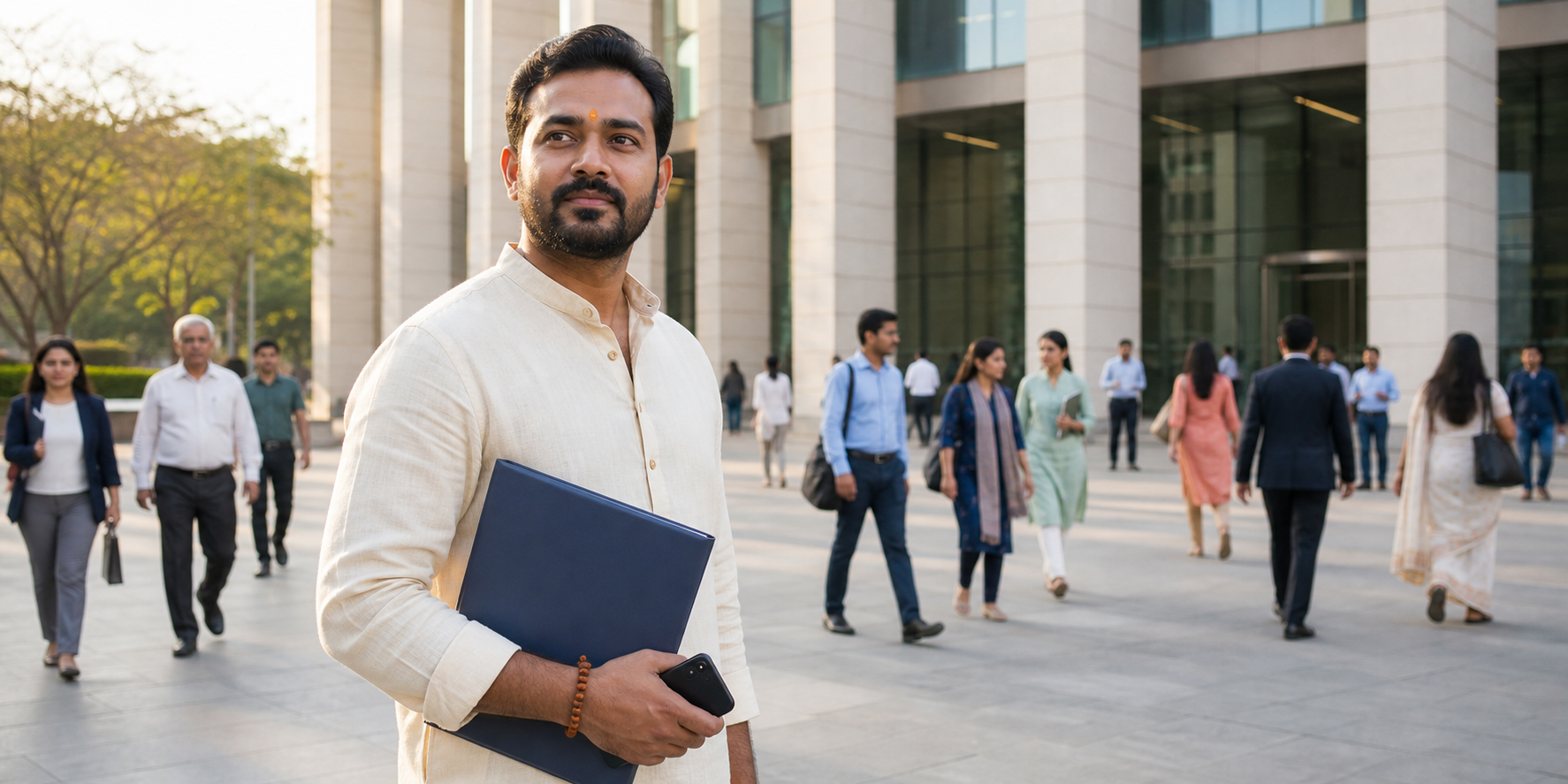A Hindu professional wearing a small saffron tilak stands with a plain document folder outside a modern civic building.