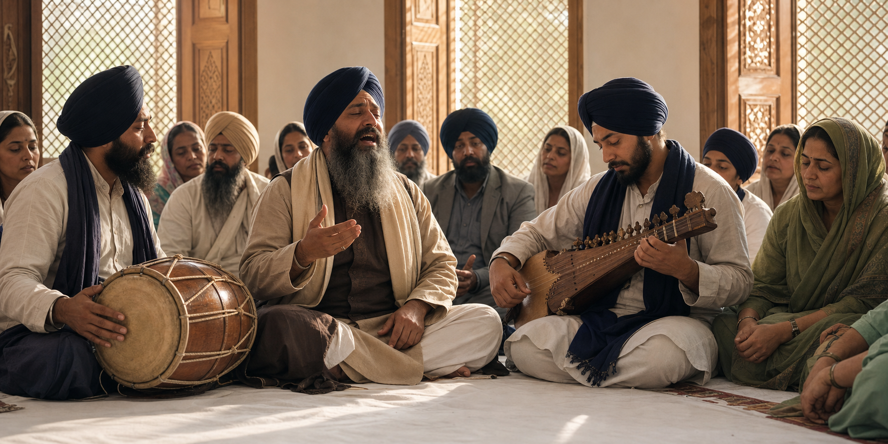 A seated devotional ensemble with a vocalist, rabab player, percussionist, and attentive sangat sharing an intimate sunlit space.