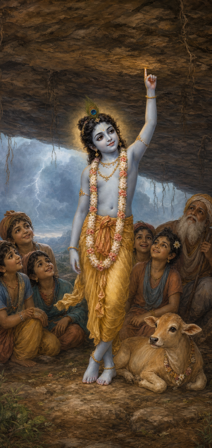 Krishna stands in a relaxed curved posture and supports Govardhan Hill with his left little finger as children, an elder, and a calf look toward him.