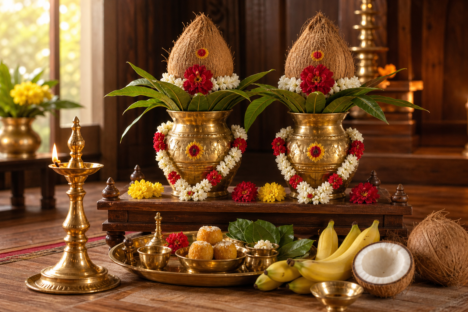 A home shrine with two decorated brass kalashas, flowers, oil lamps, fruit and puja offerings arranged for Gowri worship.