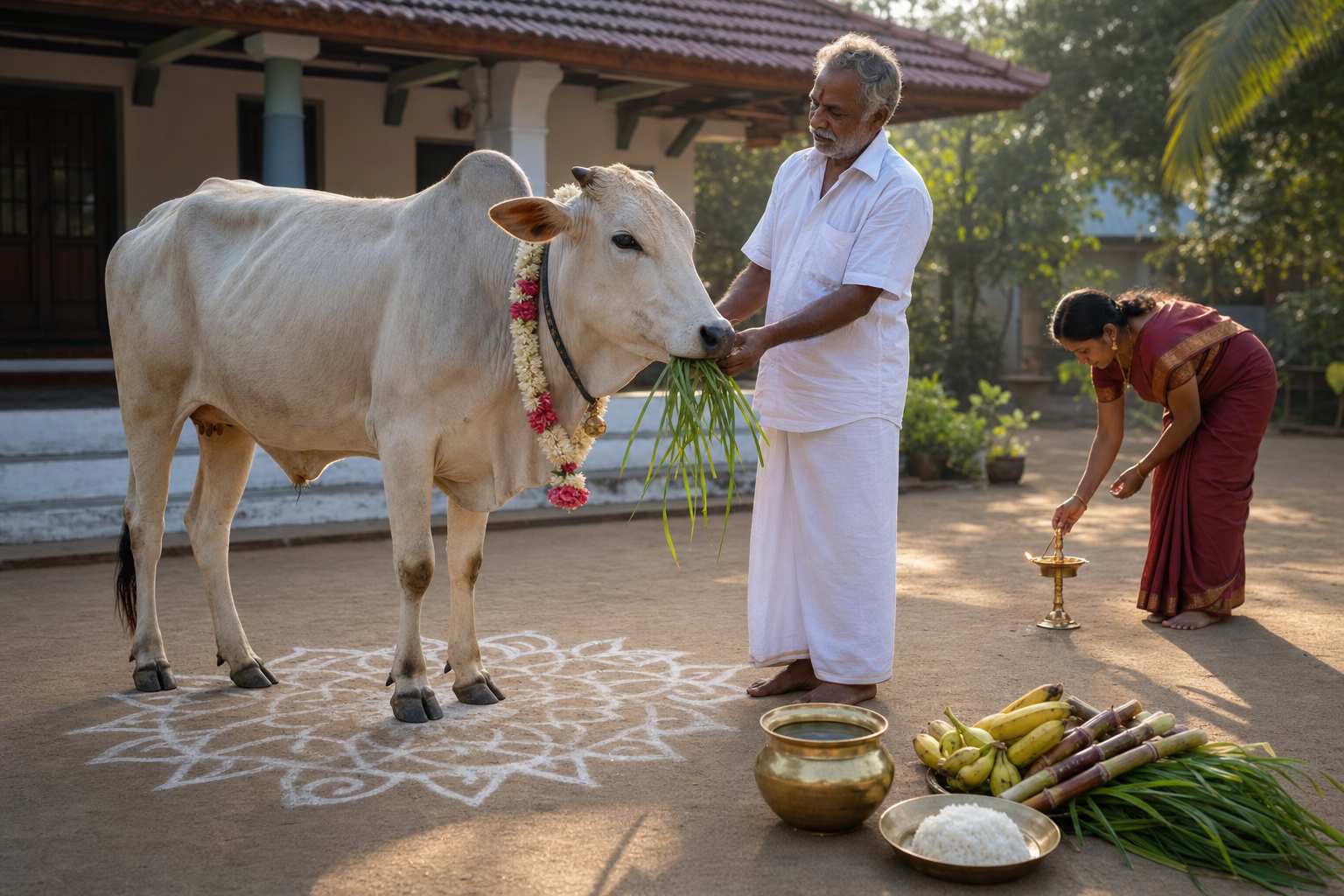 A family gently honors a calm cow with a flower garland, fresh fodder, clean water, sugarcane, and a lamp in a kolam-decorated courtyard.