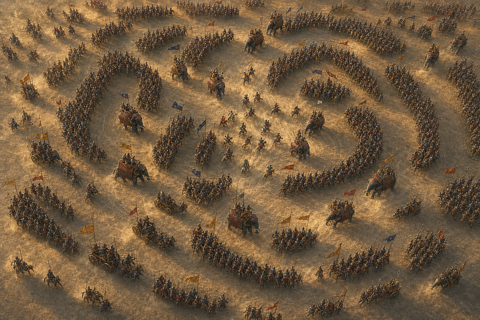 An overhead battlefield view shows staggered bands of infantry, chariots, cavalry, and elephants pivoting as temporary passages open and close.