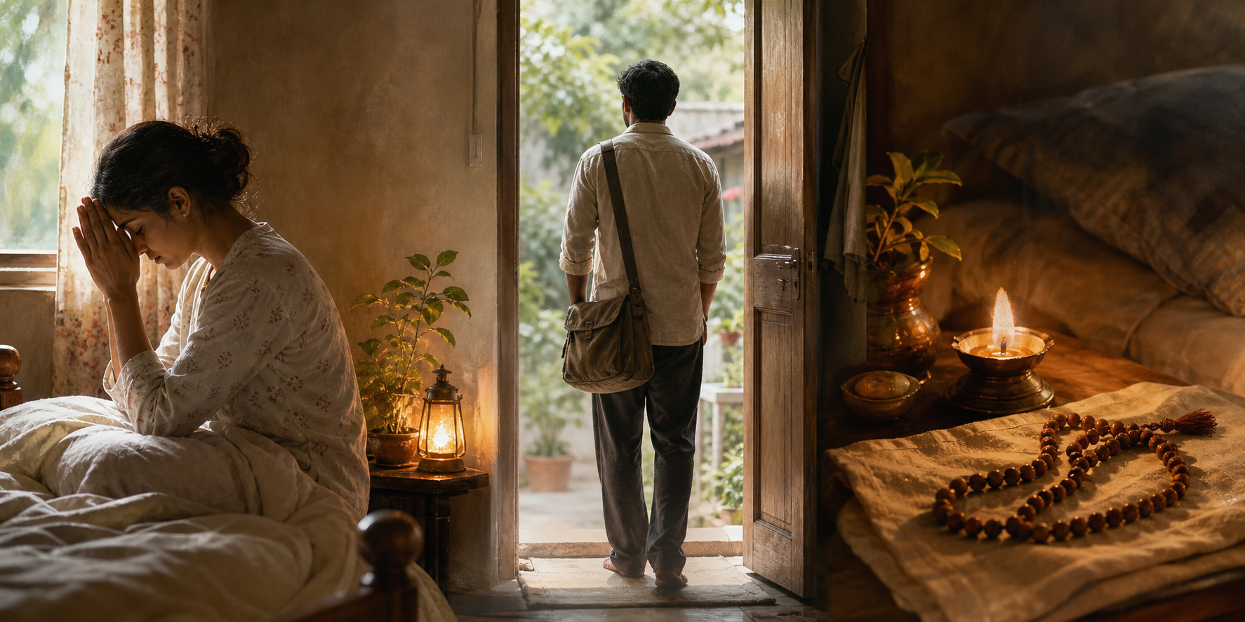 Three domestic moments show a person remembering in the morning, pausing at a doorway, and placing tulasi beads beside a lamp before sleep.