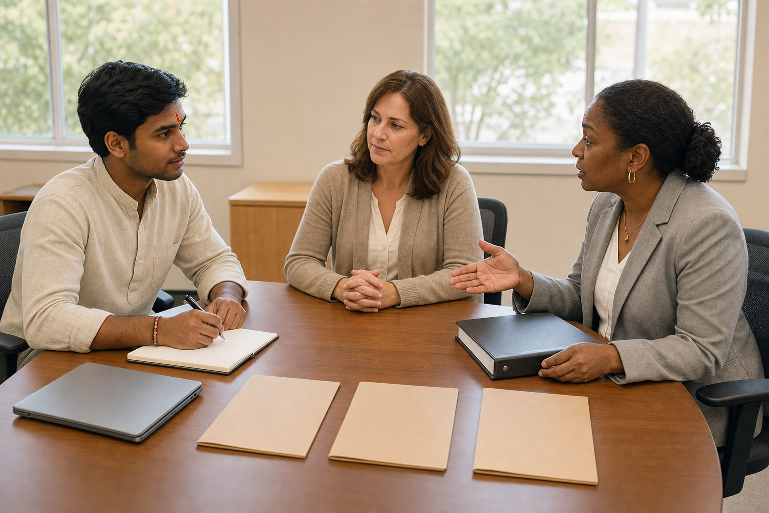 A tilak-wearing Hindu individual meets with an administrator and mediator at a table with three blank folders.