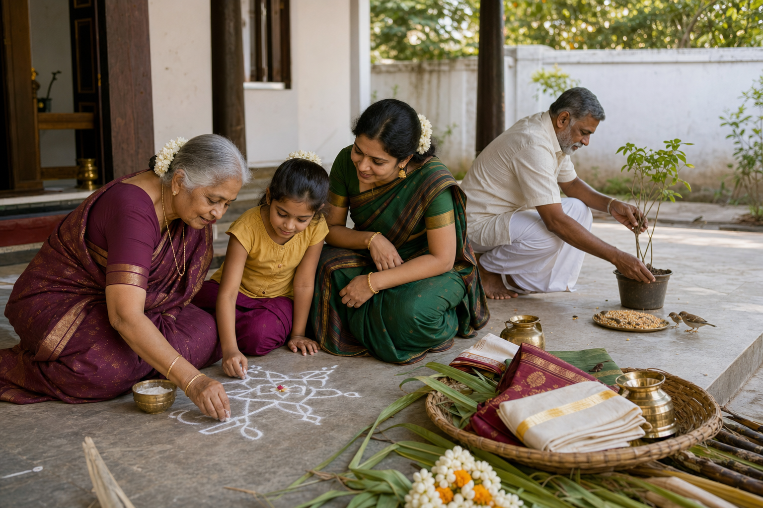 Three generations continue Pongal traditions by making a rice-flour kolam, caring for a young plant, feeding birds, and storing reusable festival items.
