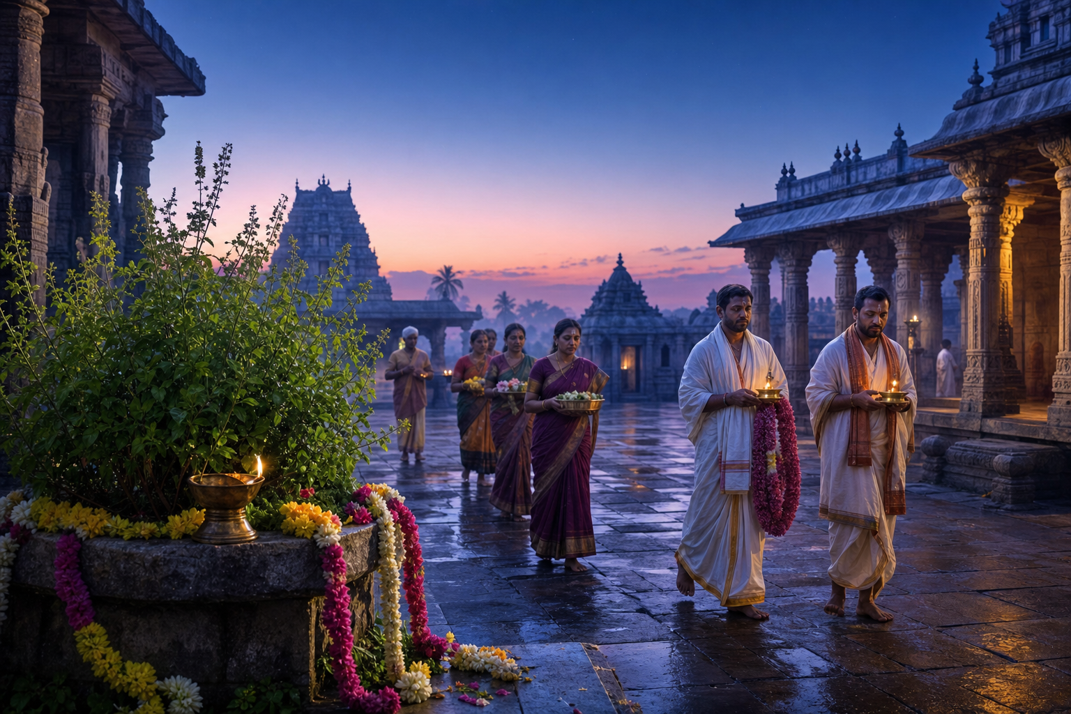 Devotees carrying flowers and oil lamps enter a South Indian Vaishnava temple courtyard before sunrise during the cool sacred season.