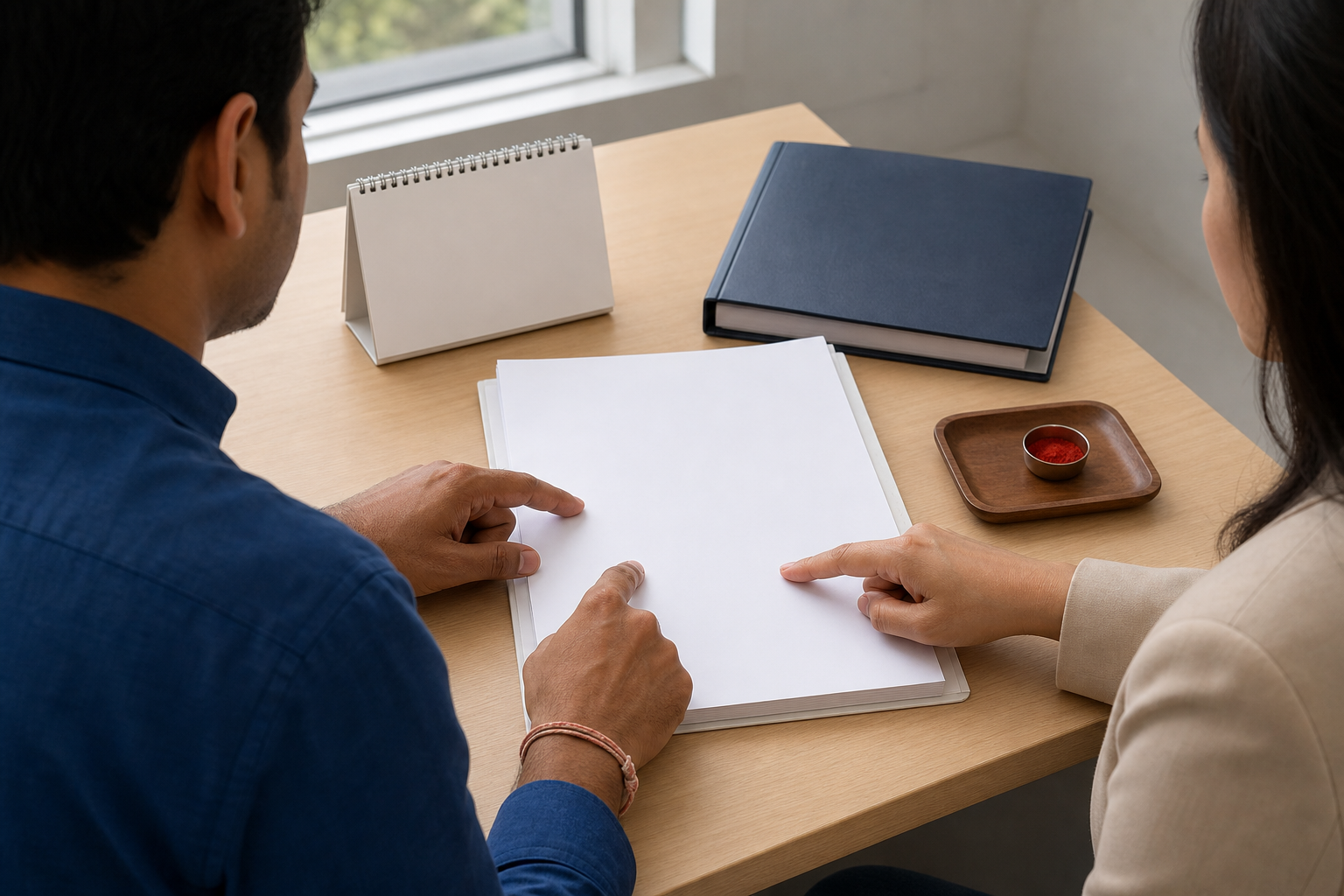 Two people organize a blank accommodation-request packet beside a small container of kumkum on an office desk.