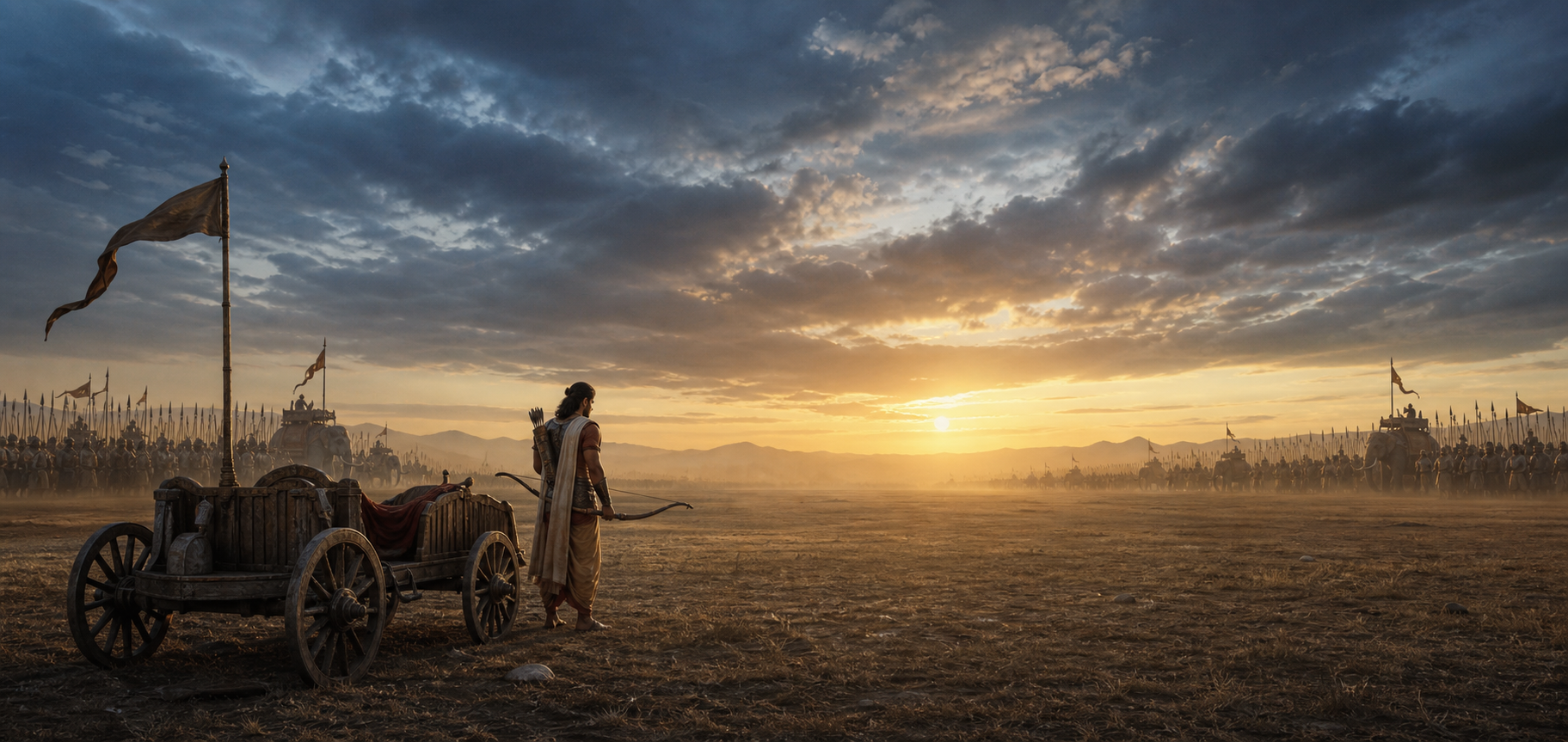 A warrior-leader with a lowered bow stands beside a chariot between two waiting armies at dawn.