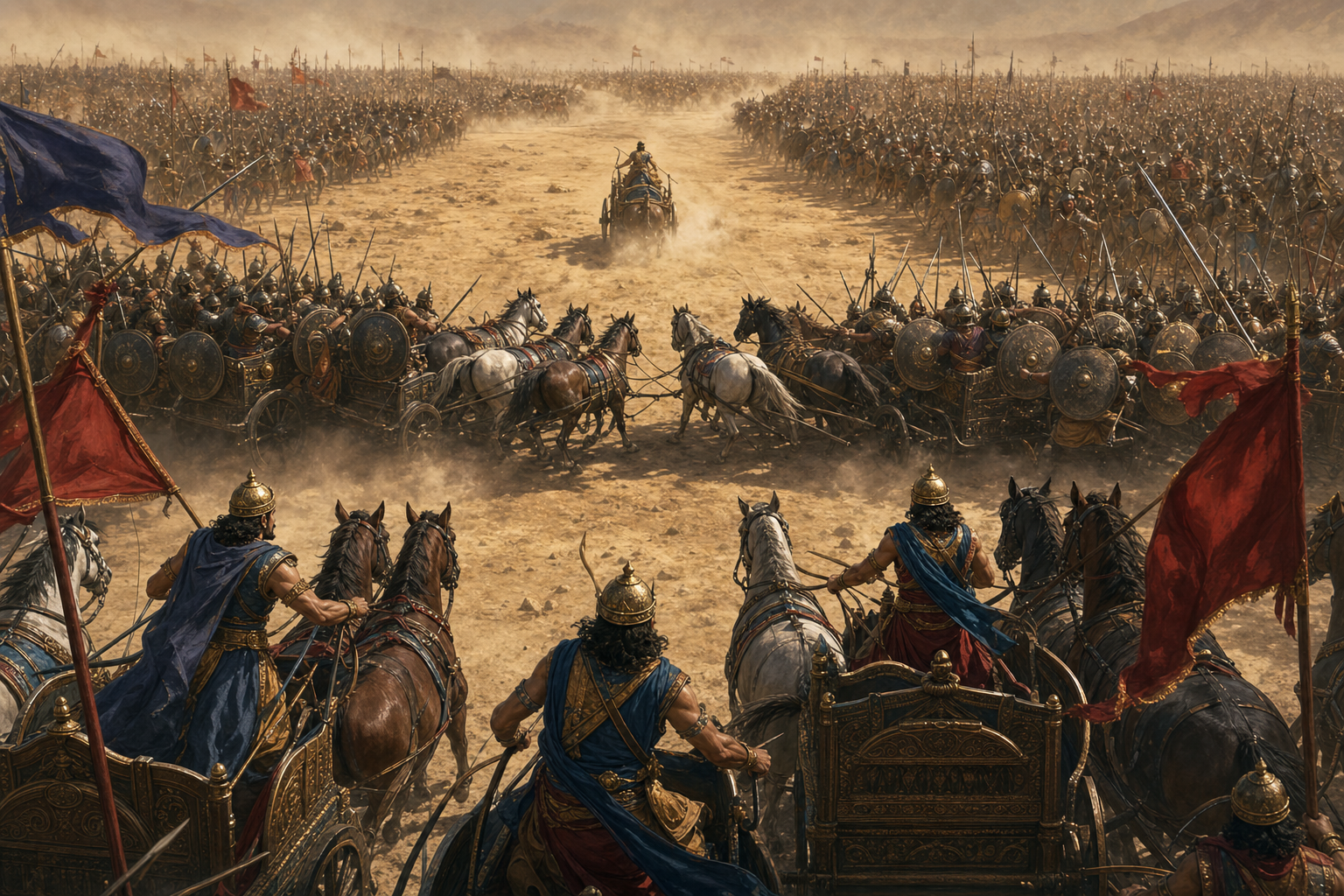 A defensive force seals a battlefield opening after a young chariot warrior passes through, preventing allied chariots from following him.