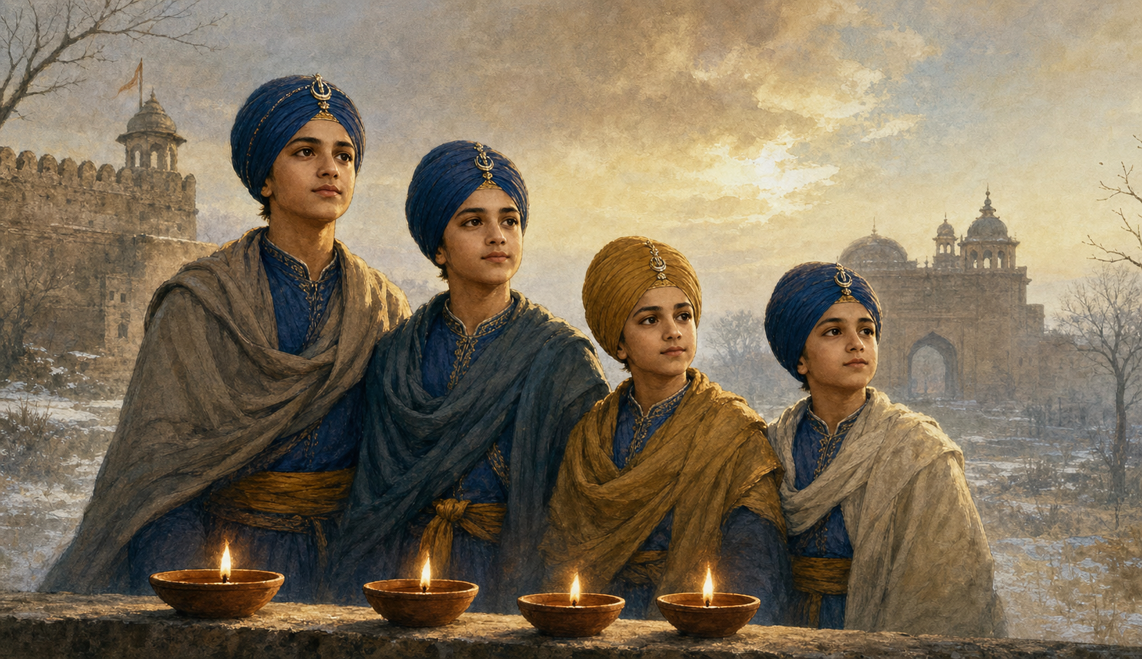 A symbolic illustration of the four turbaned Sahibzadas standing together, with a small fortress, a sandstone arch, and four glowing lamps around them.