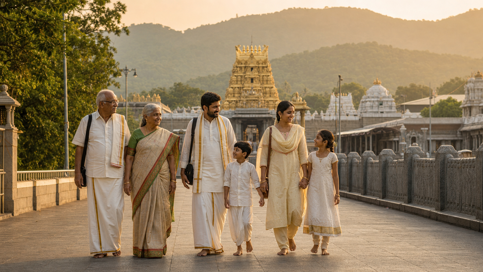A multigenerational Indian family walks toward the Tirumala temple complex in the early morning with forested hills behind them.