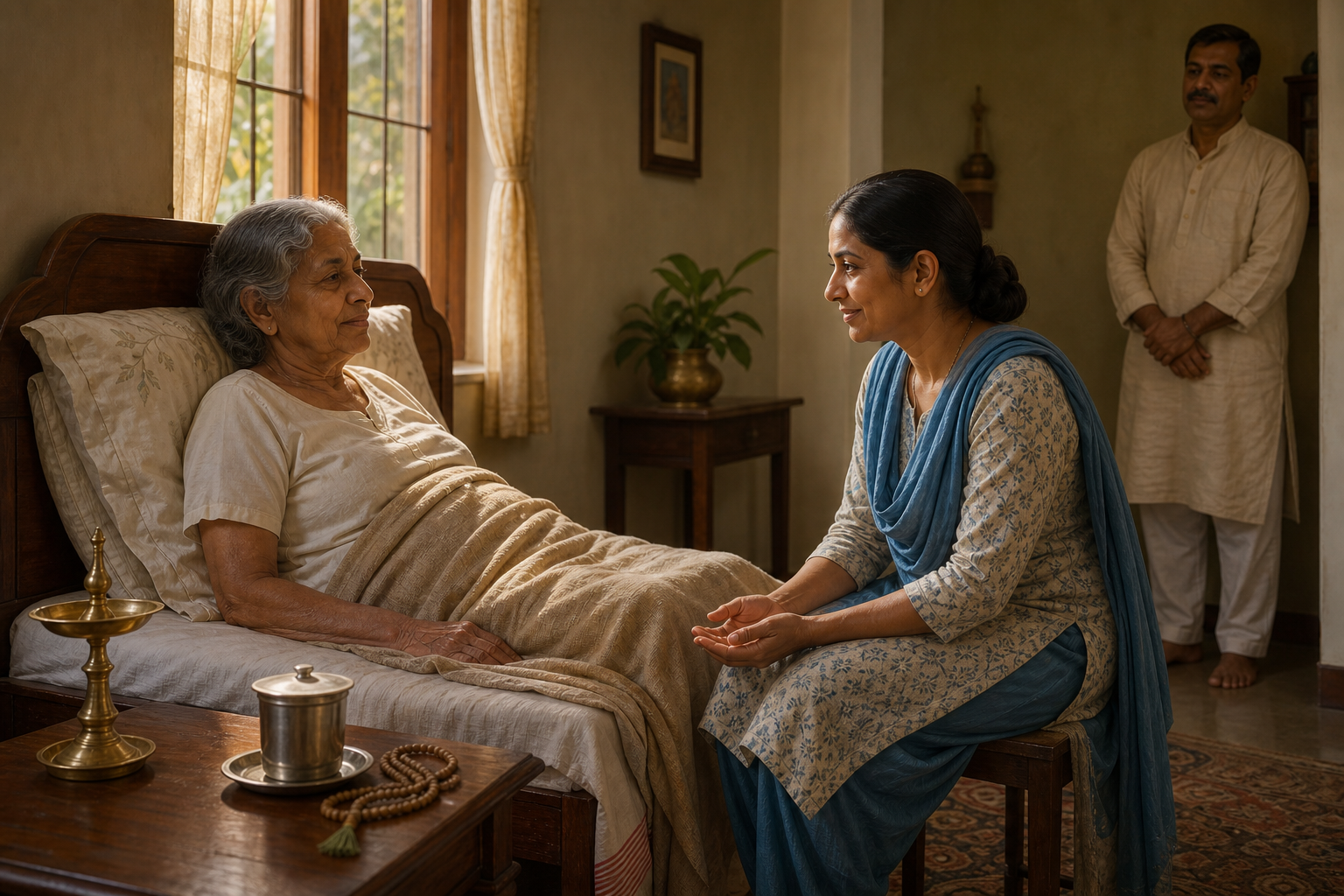 An older person rests in bed while a caregiver sits attentively at eye level, with tulasi beads and a brass lamp available on a nearby table.