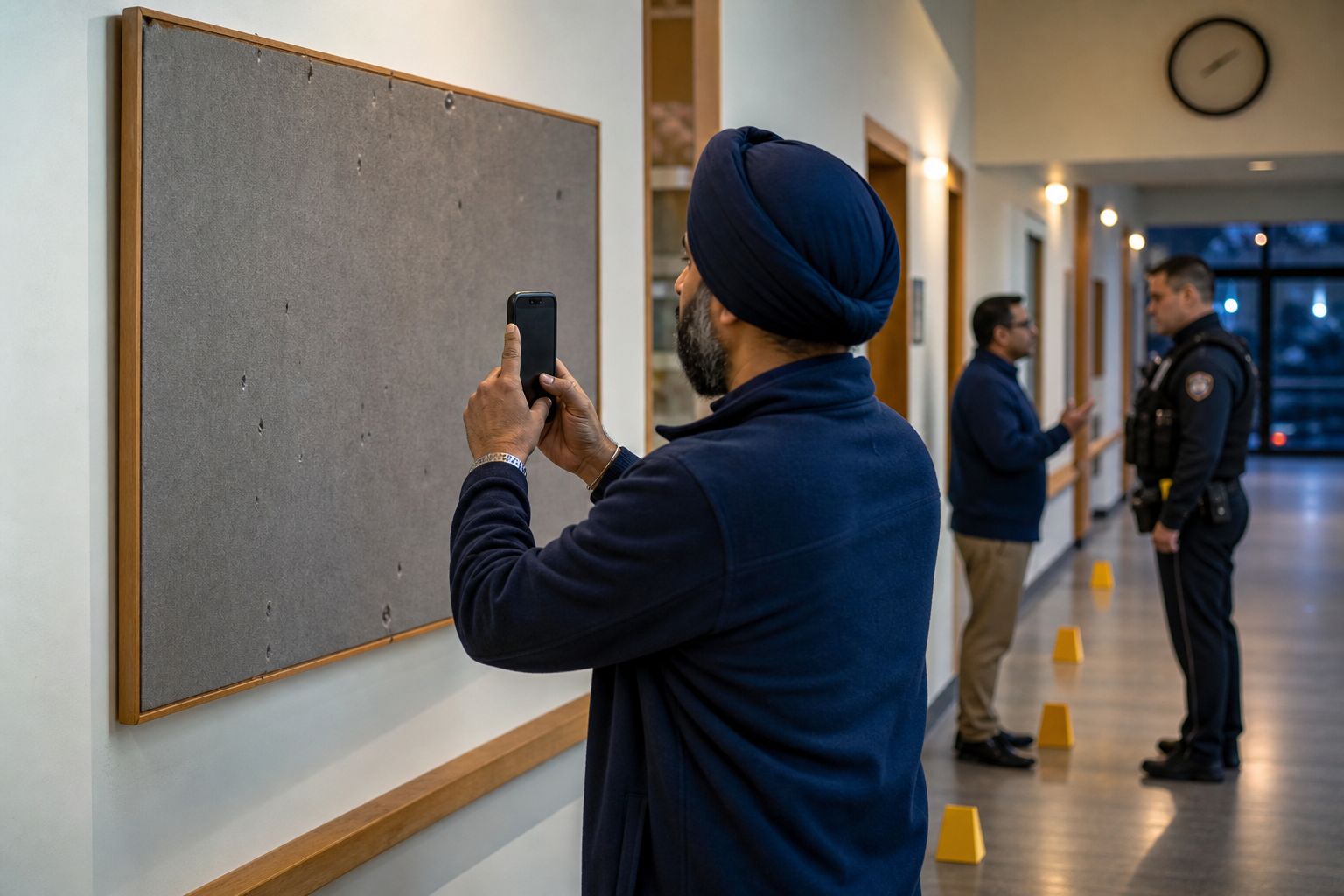 A community volunteer photographs a damaged blank noticeboard while another person speaks with a public-safety official.