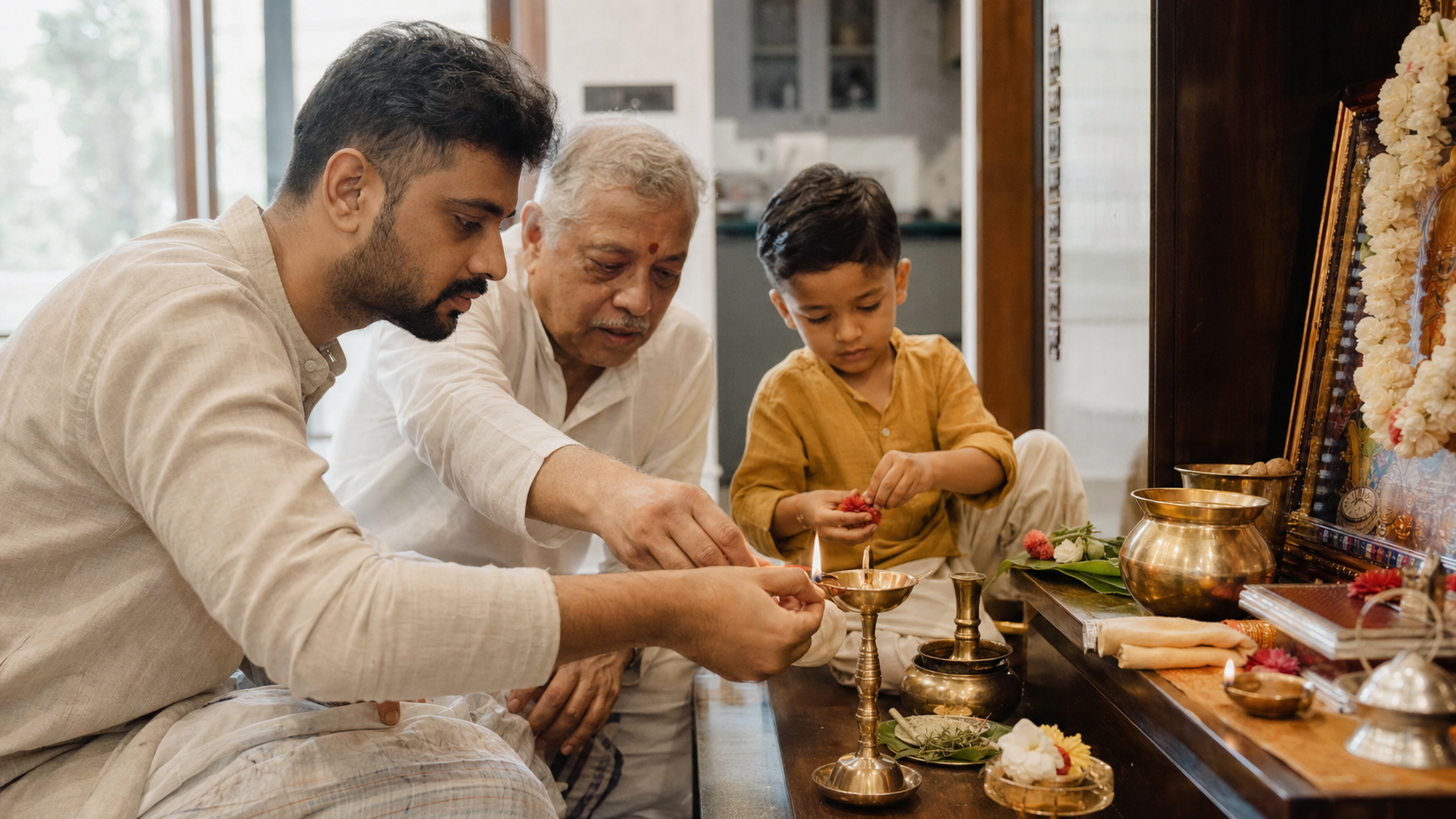 Three generations of a family gather at a household shrine while an elder guides a younger adult in lighting a brass oil lamp and a child prepares flowers.