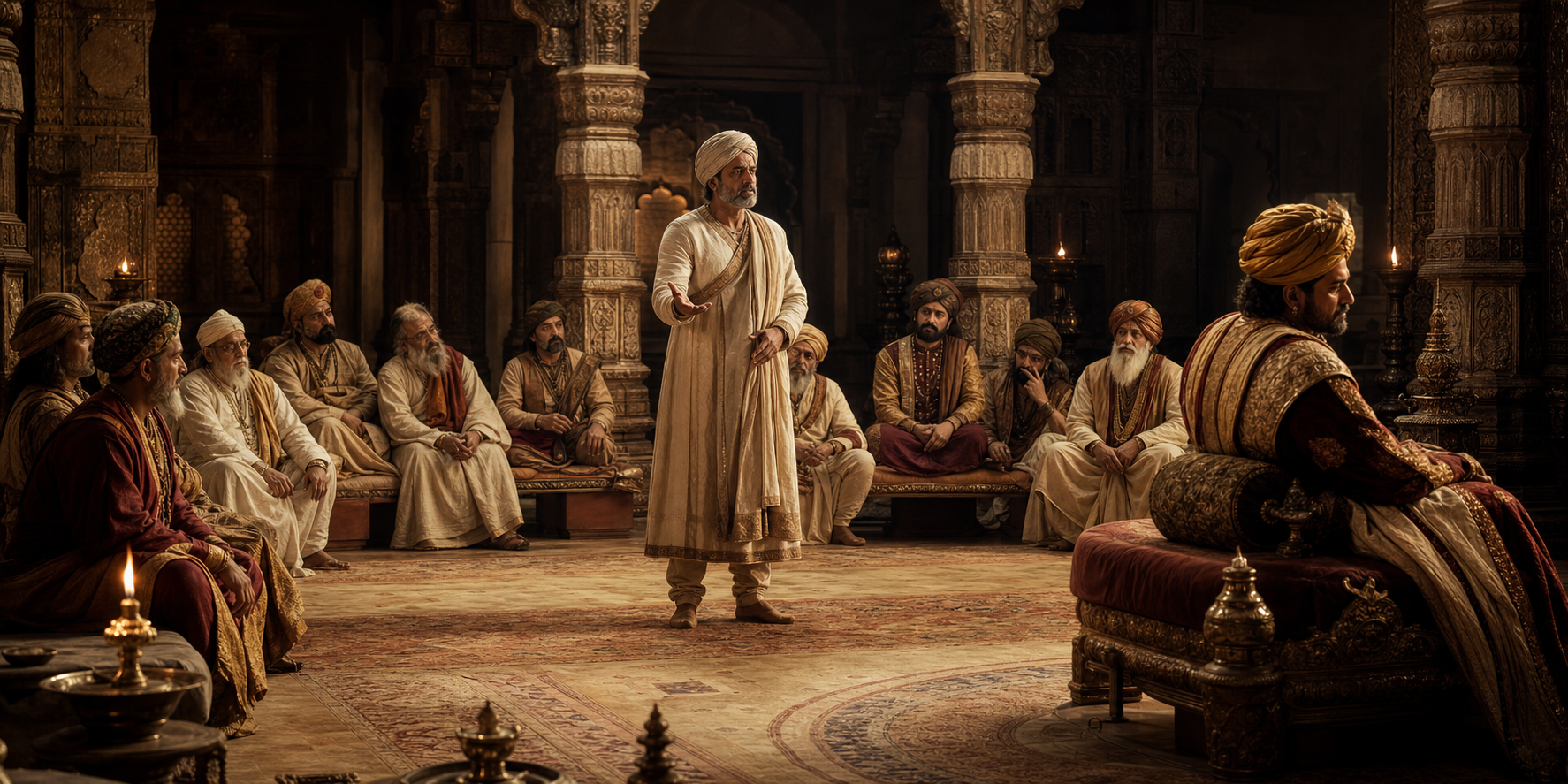 A peace envoy addresses a tense royal council while one ruler turns away and advisers look concerned.