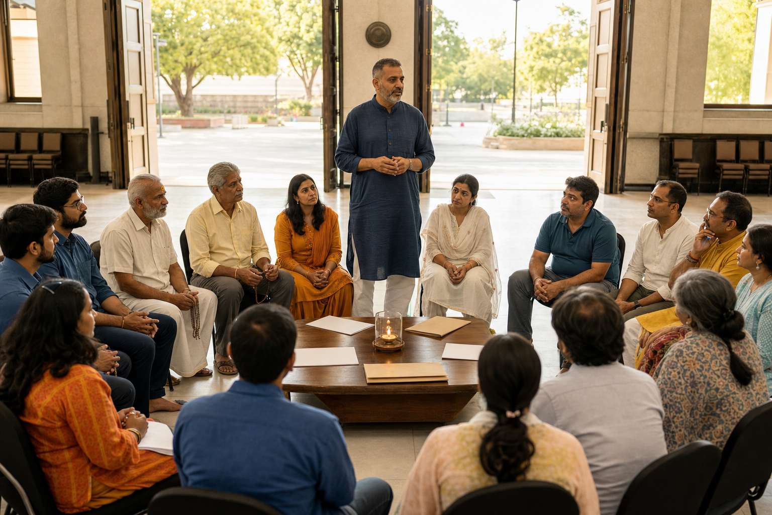 A multigenerational Hindu community meets in a circle around a diya and blank planning papers in a civic hall.