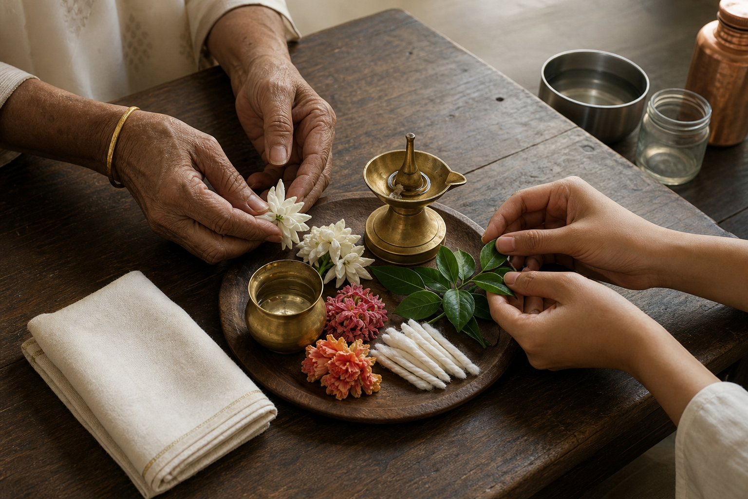 Older and younger hands arrange a brass lamp, water vessel, flowers, leaves, cotton wicks, and folded cloth for a household ritual.
