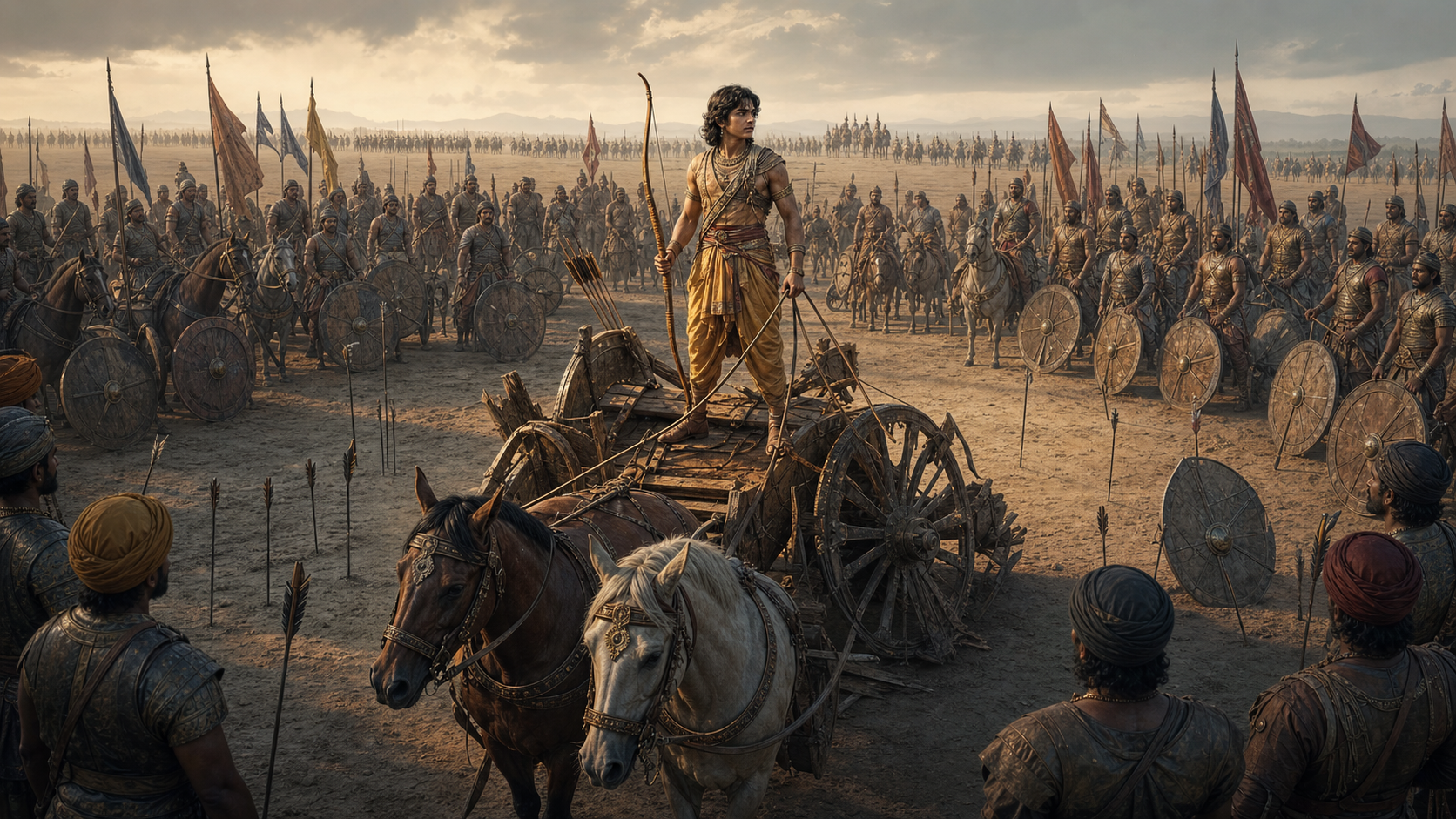 A skilled young archer in a damaged chariot faces converging veteran warriors with dwindling supplies and no visible route to his distant allies.