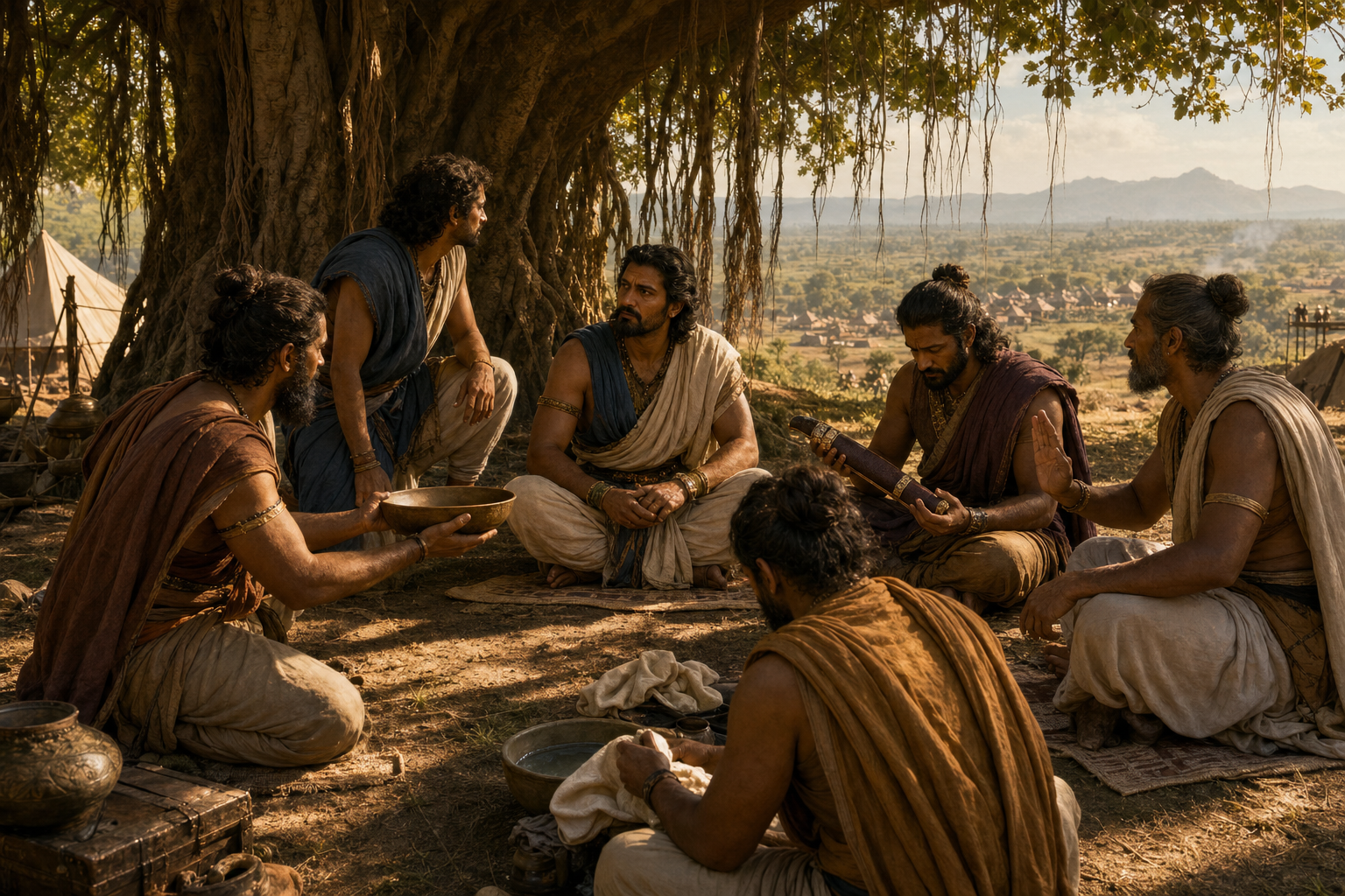 A leader listens to five advisers discussing peace, civilian safety, restrained force, limits, and care for the wounded.