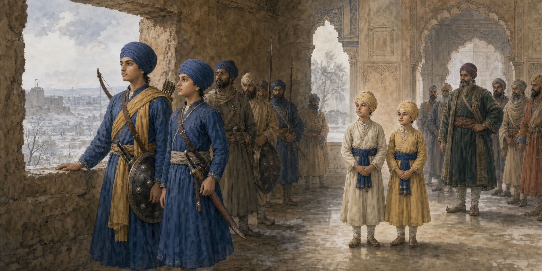 An illustrated two-part scene shows the elder Sahibzadas inside the fort at Chamkaur and the younger Sahibzadas standing together in an austere period court.