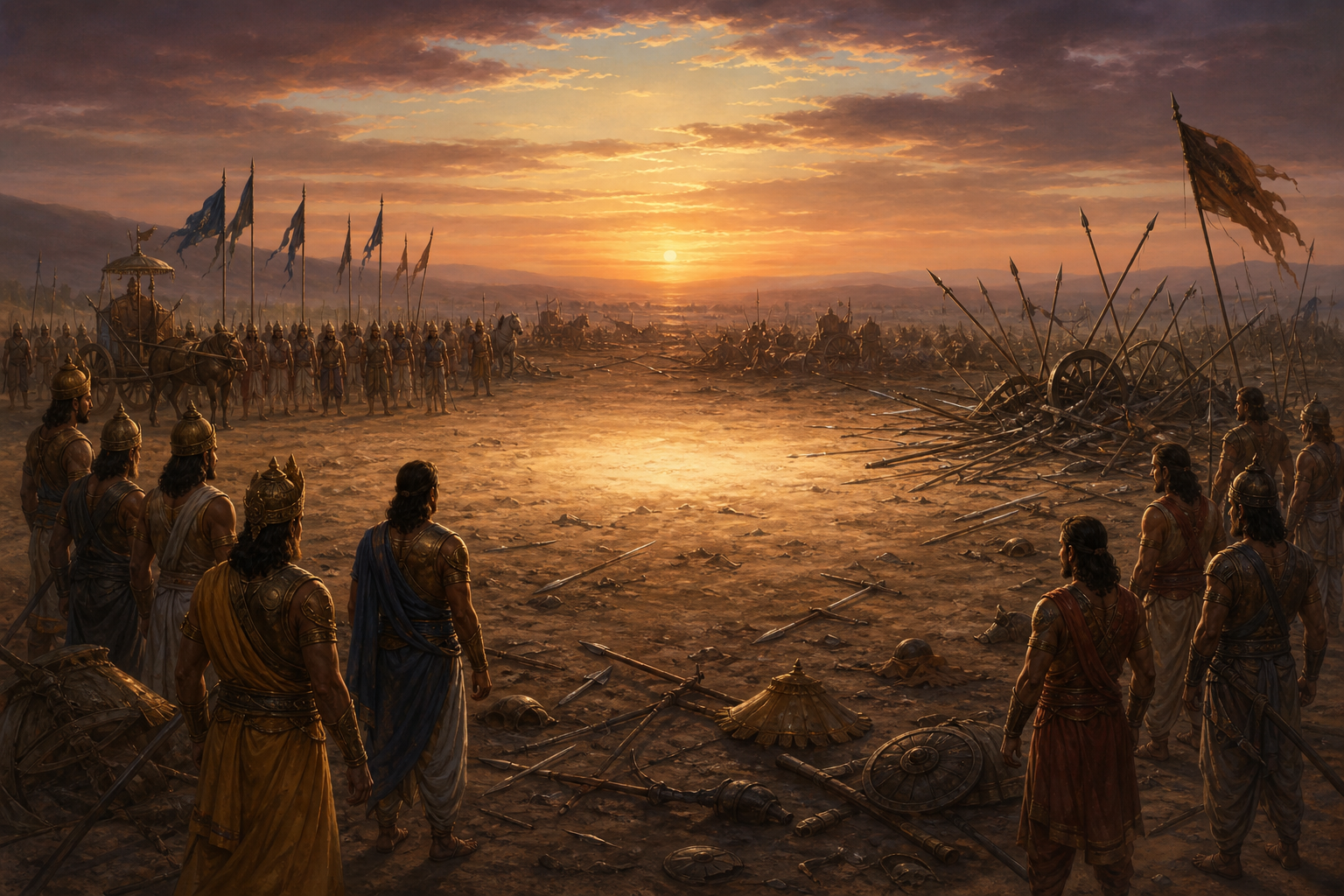 Warriors with lowered weapons contemplate a shattered chariot and scattered arms on a quiet battlefield at twilight.