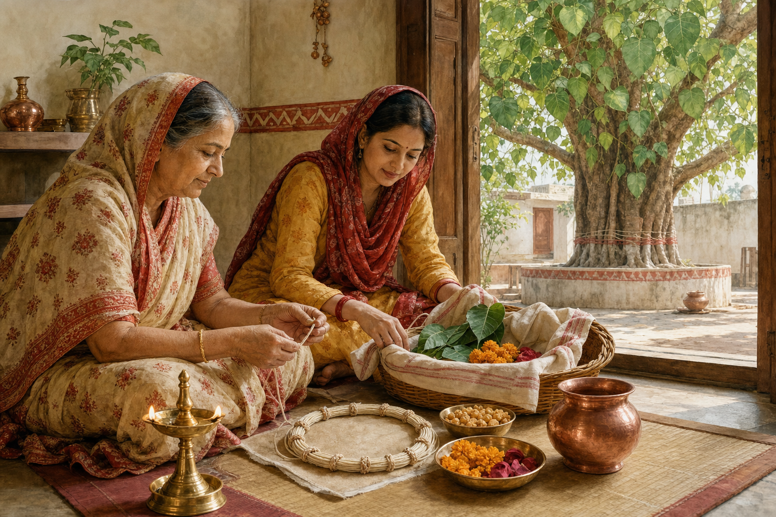 Two women prepare a brass lamp, water vessel, simple offerings, and a ten-knotted sacred thread near a courtyard with a peepal tree.