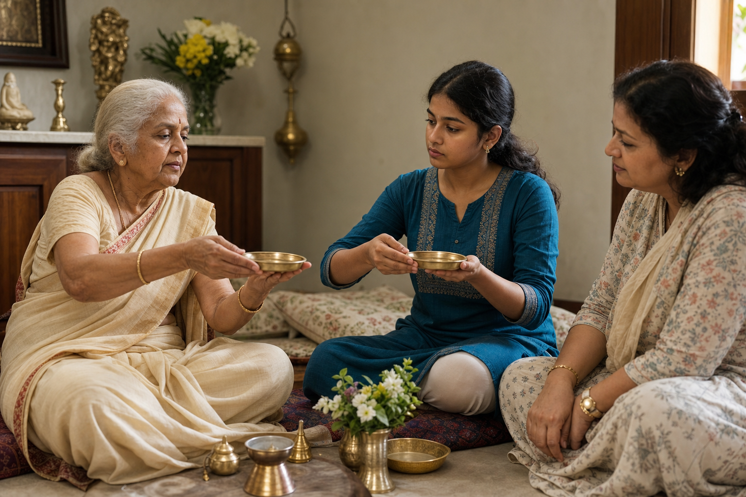 An elder demonstrates a circular offering gesture with a brass tray while a teenager mirrors the movement and another family member observes.