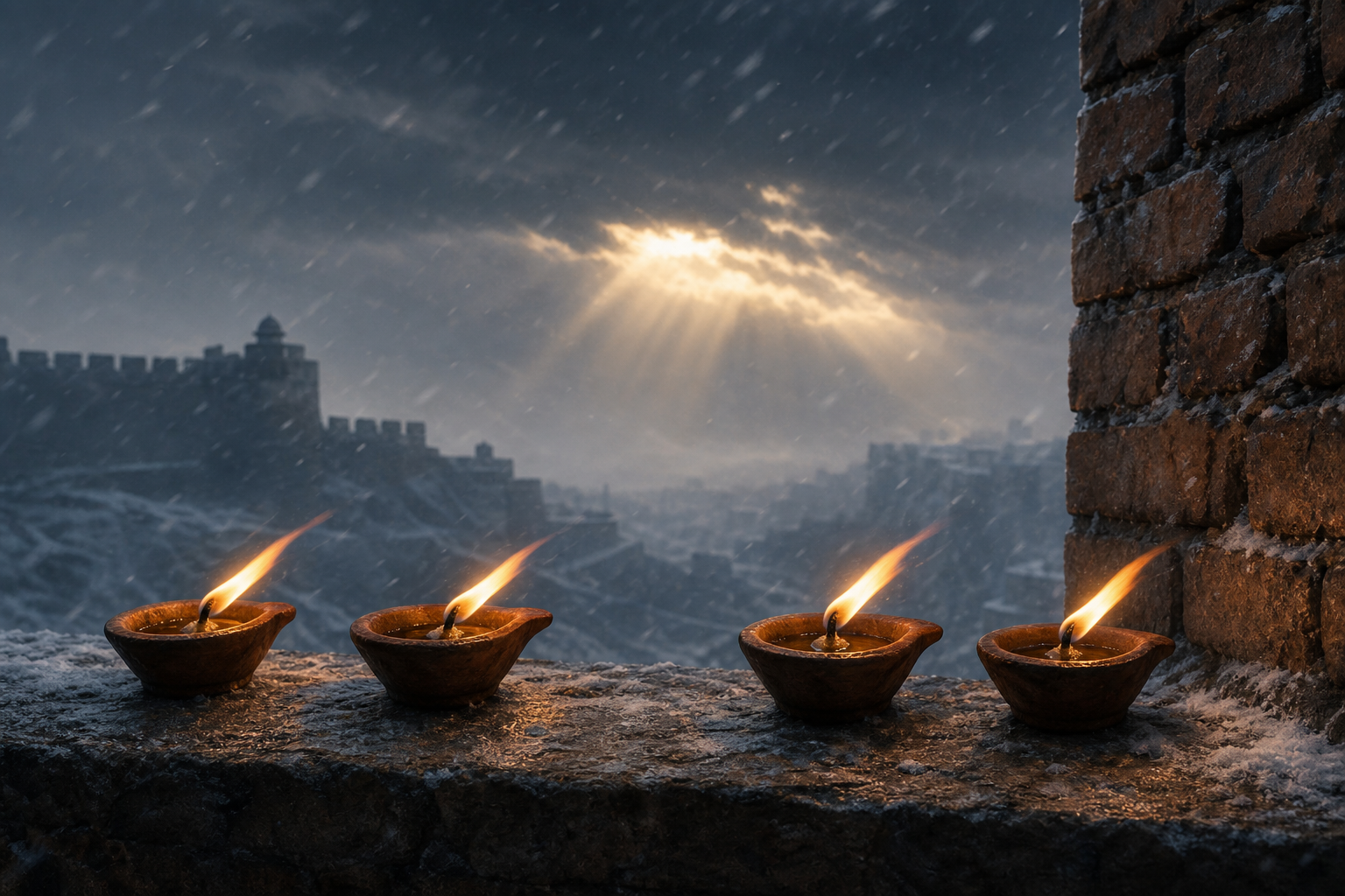 Four clay lamps remain lit in strong winter wind on a stone ledge, with a fortress outline and a brick wall in the misty background.